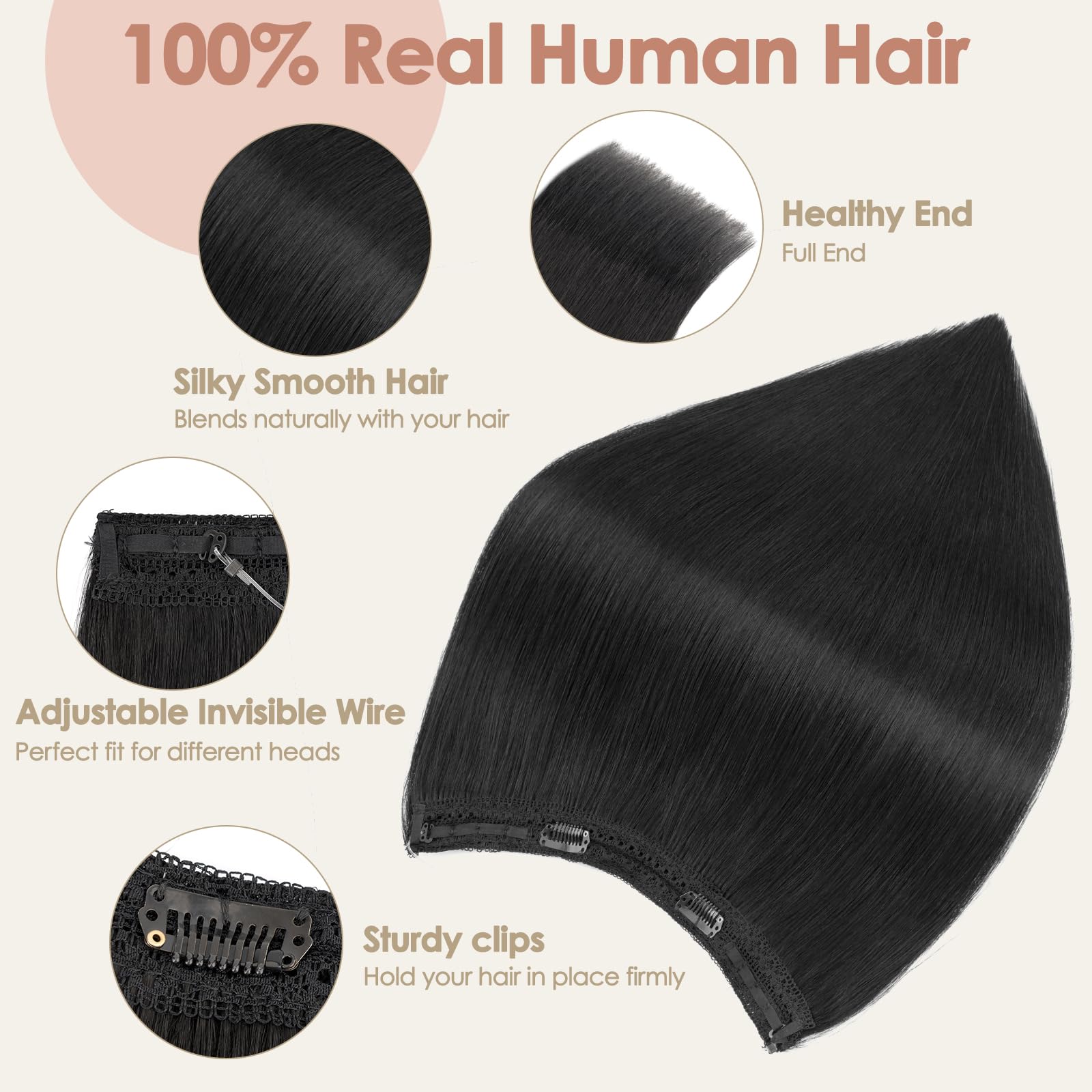 S-noilite Wire Hair Extensions Human Hair Jet Black Invisible Fish Line Hair Extensions Real Hair One Piece Human Hair Extensions 20 Inch 70g - Image 2