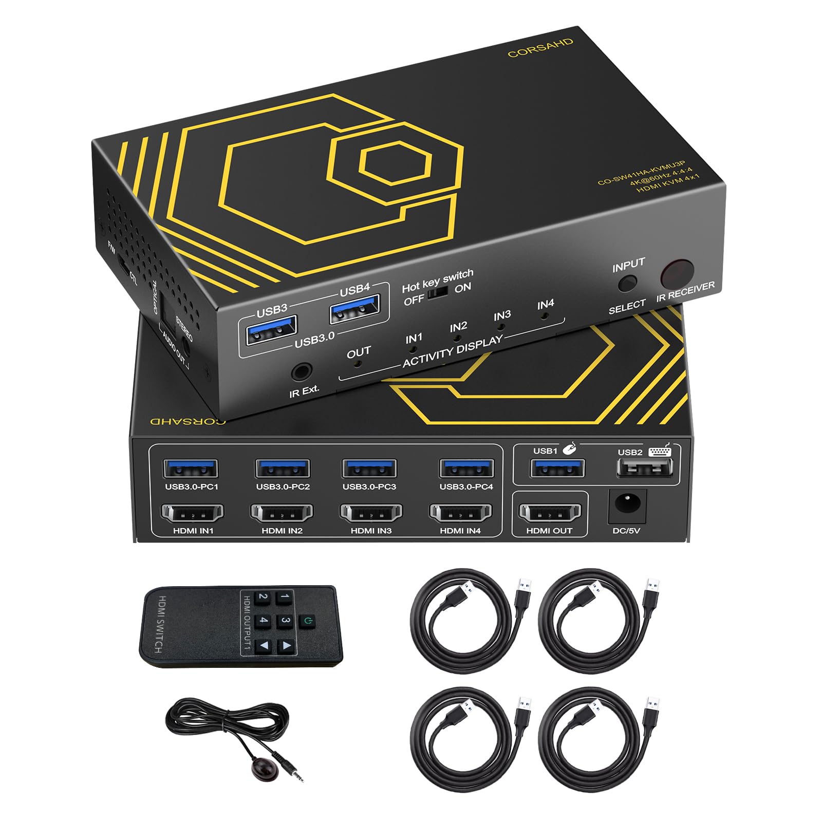 HDMI KVM Switch USB 3.0 4 Ports with Hotkey 4K 60Hz 18Gbps Share 4 Computers with one Keyboard Mous HDR D-olby Vision HDCP2.2 Remote Control USB3.0 CableX4