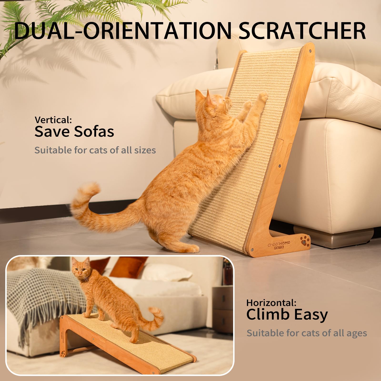 CheerPals Dual-Use Sisal Cat Scratcher, Large 63cm H, Solid Beech Wood & Sisal Pad Cat Scratching Post - Image 3