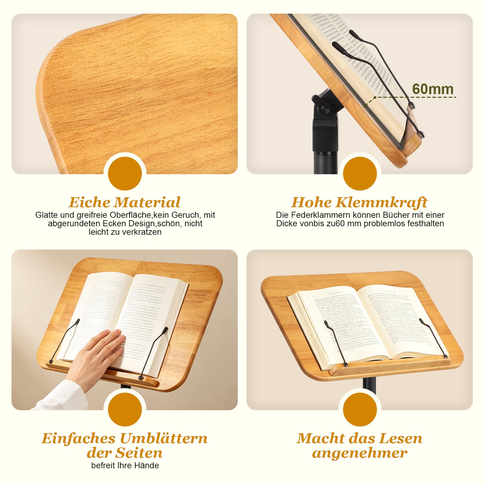 Buchständer Höhenverstellbar 50-130cm Boden Tisch Notenständer Buchhalter | 2 in 1 Verstellbarer Holz Leseständer mit Seitenclip 180°-Neigung für Musiknoten, Rezepte, Tablet, Laptop, Kochbuch