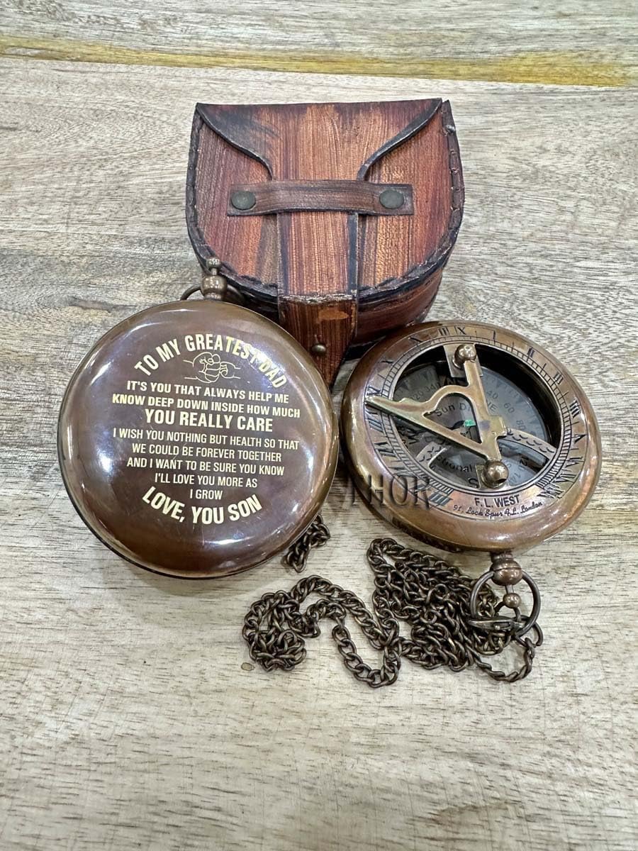 Brass Pocket Sundial Compass with Chain Leather Case for Dad Compass Engarved Antique Compass Custom Gift Brass Sundial Compass Fathers Day, dad Gift