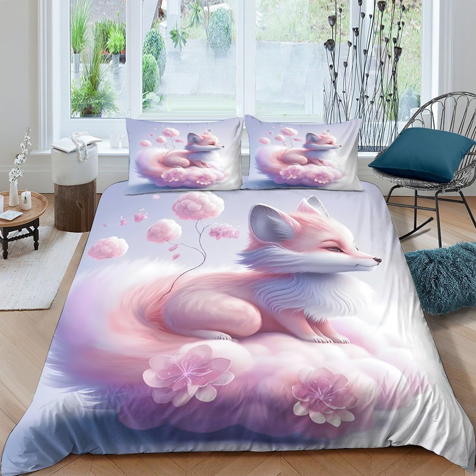 Ctjqhvkz Style-2 3D Printed Pink Fox Dream Fitted Sheet Microfiber Soft Washable Fantasy Cloud Bed Cover For Bedroom Dorm Decor Single（135X200cm）