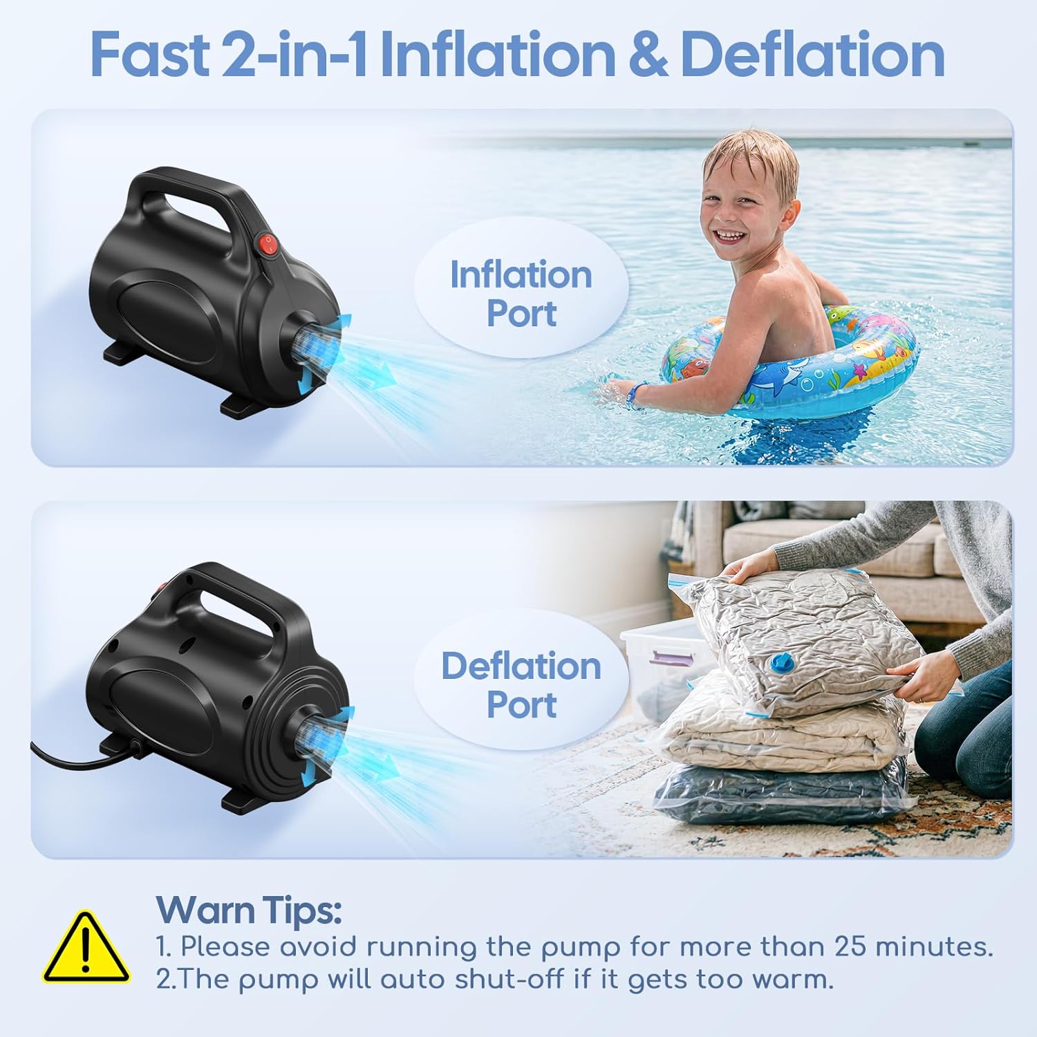 Electric Air Pump for Inflatables, Air Mattress – 500W/650W Quick-Fill Inflator/Deflator with 4 Nozzles, Portable AC 110-120V for Gymnastics Mat, Tumbling, Air Bed, Pool Floats
