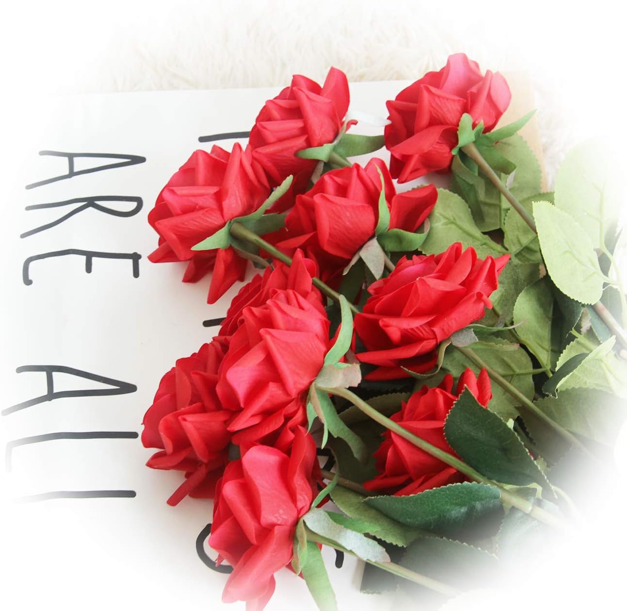 Artificial Flower 12pcs 17'' Artificial Rose Blossom with Leaves Gel Coated Silk Flower for Wedding Bridal Bouquet Bridesmaid Home Décor Office Baby Shower Centerpiece,Light Orange