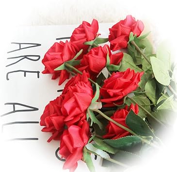 Artificial Flower 12pcs 17'' Artificial Rose Blossom with Leaves Gel Coated Silk Flower for Wedding Bridal Bouquet Bridesmaid Home D cor Office Baby Shower Centerpiece,Red
