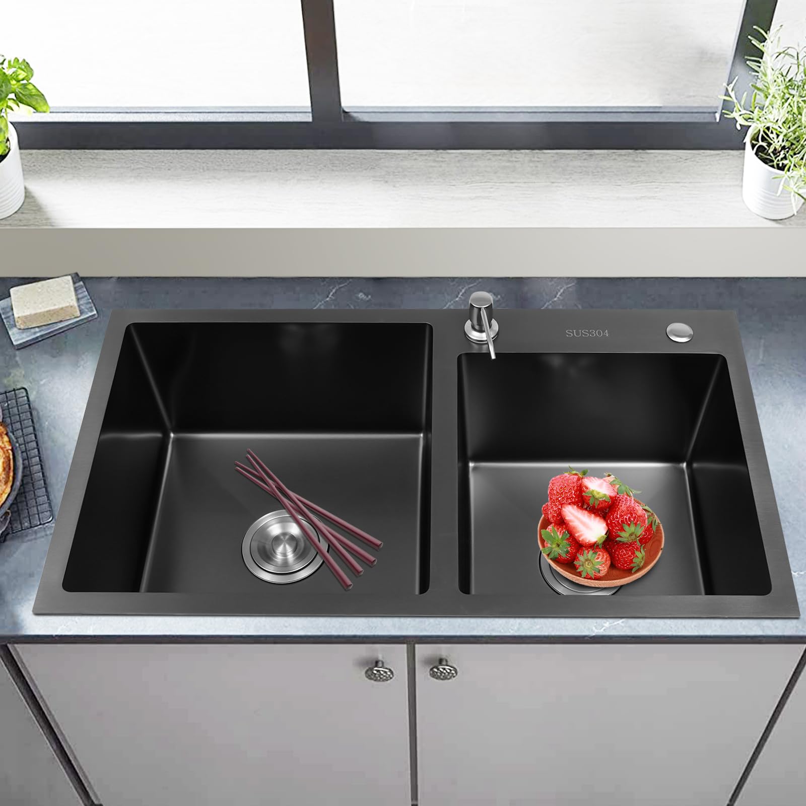 Lavabo Doppio In Acciaio Inox 304 - 2 Vasche Con Scarico - Nero - Per Cucina - Foto 8