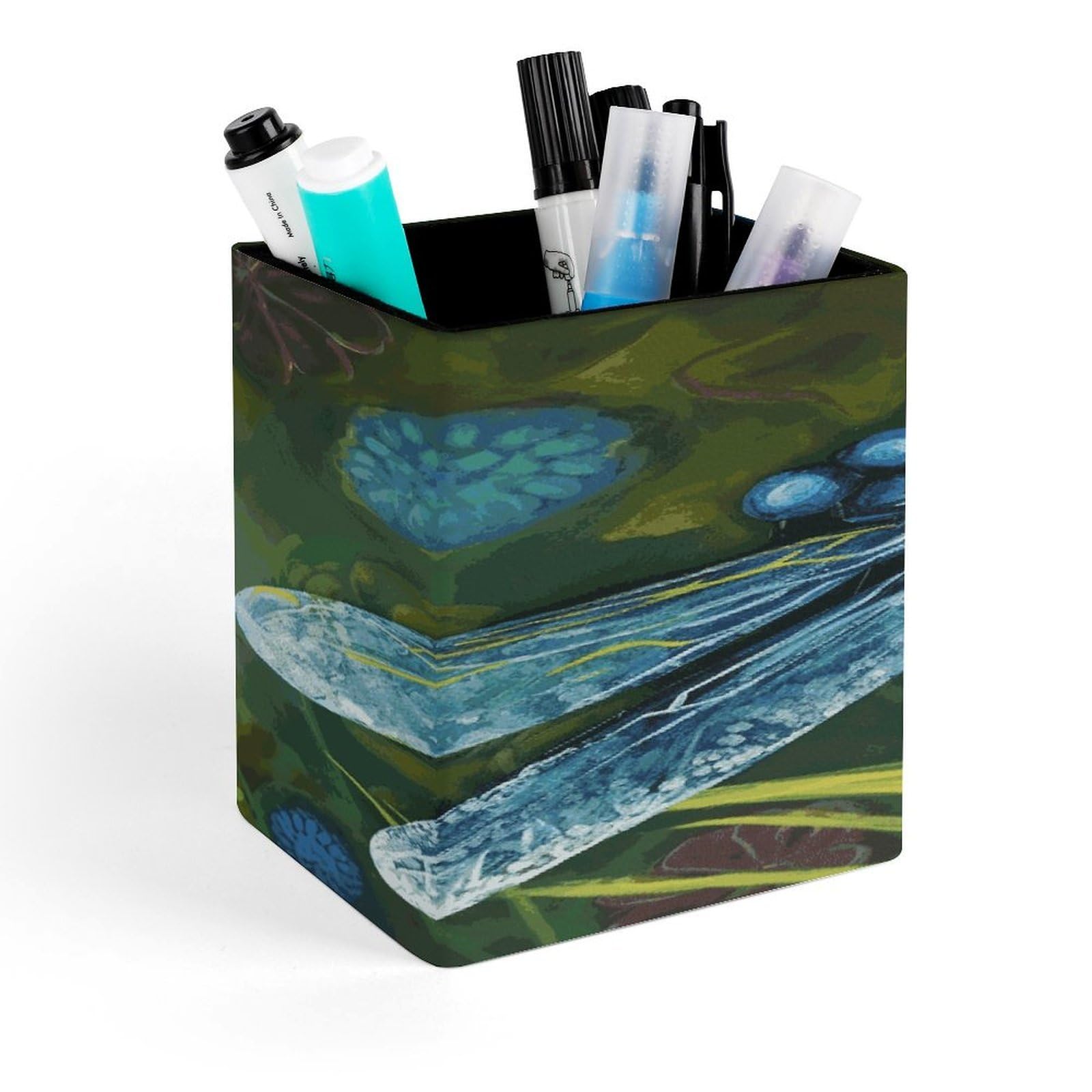 JTREHY - Hand Painted Blue Dragonfly Pen Holder Square Pencil Holder Makeup Brush Holder PU Leather Cup Stationery Organizer Accessories