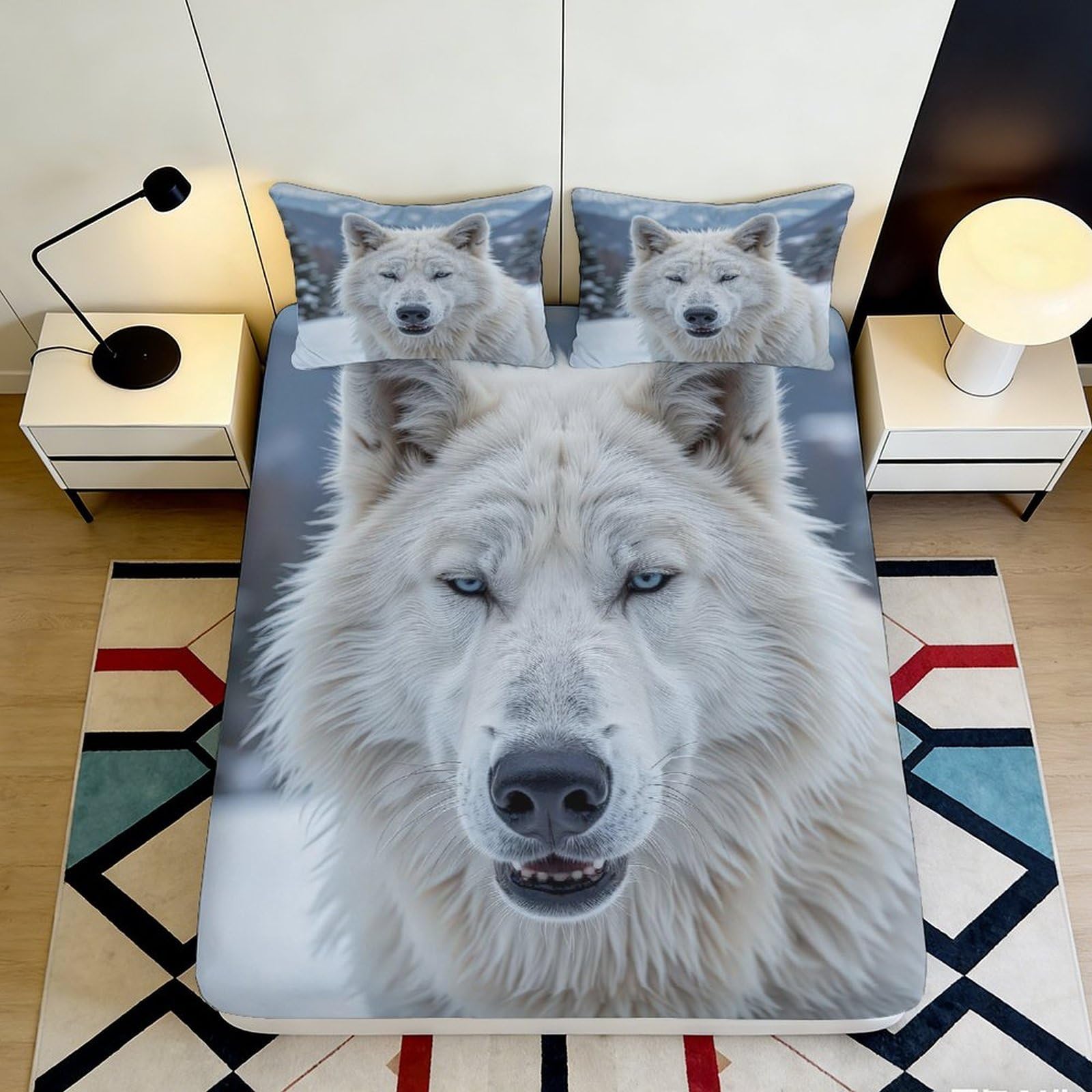 3D Printed White Wolf Fitted Sheet Microfiber Soft Breathable Forest Animal Bed Cover for Bedroom Dorm Decor 90x200x25cm