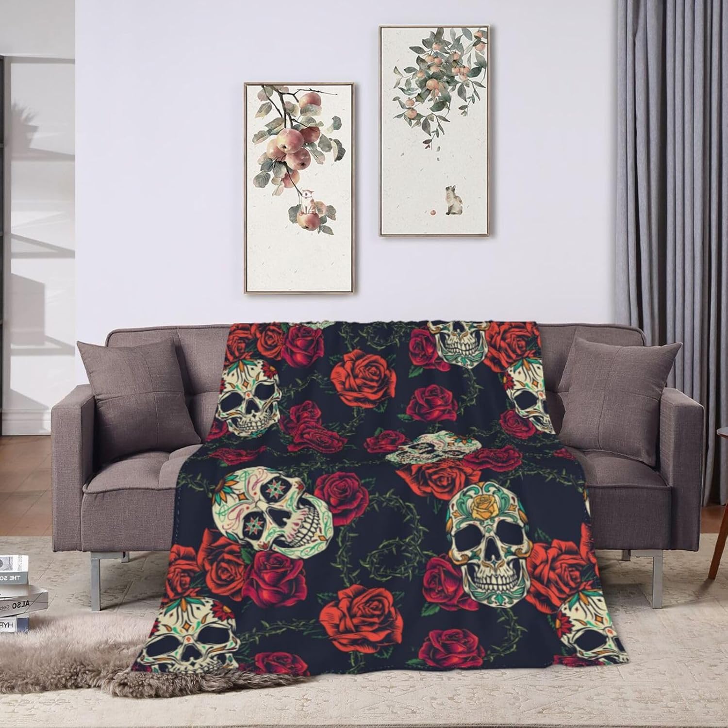 Rose Skull Elegant Flower Blanket Soft Comfy Flannel Throw Blankets Lightweight Warm Bed Throws Plush for Couch Sofa Camping Office Travel Home Bedroom Decor Cool Men Women Girls Boys Gifts 60"X50"
