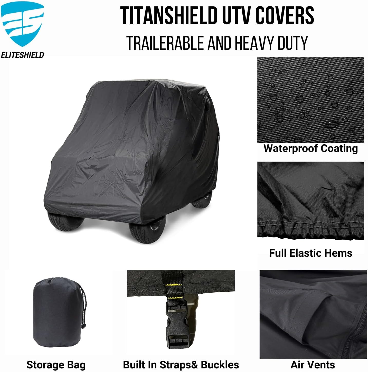 EliteShield Waterproof Quad 4x4 6x4 UTV Cover, Heavy Duty Utility Task Vehicle SXS Storage Cover, Black Color Fits UTV up to 120"L with roll cage for Polaris RZR Yamaha Can-Am Defender Kawasaki Ranger