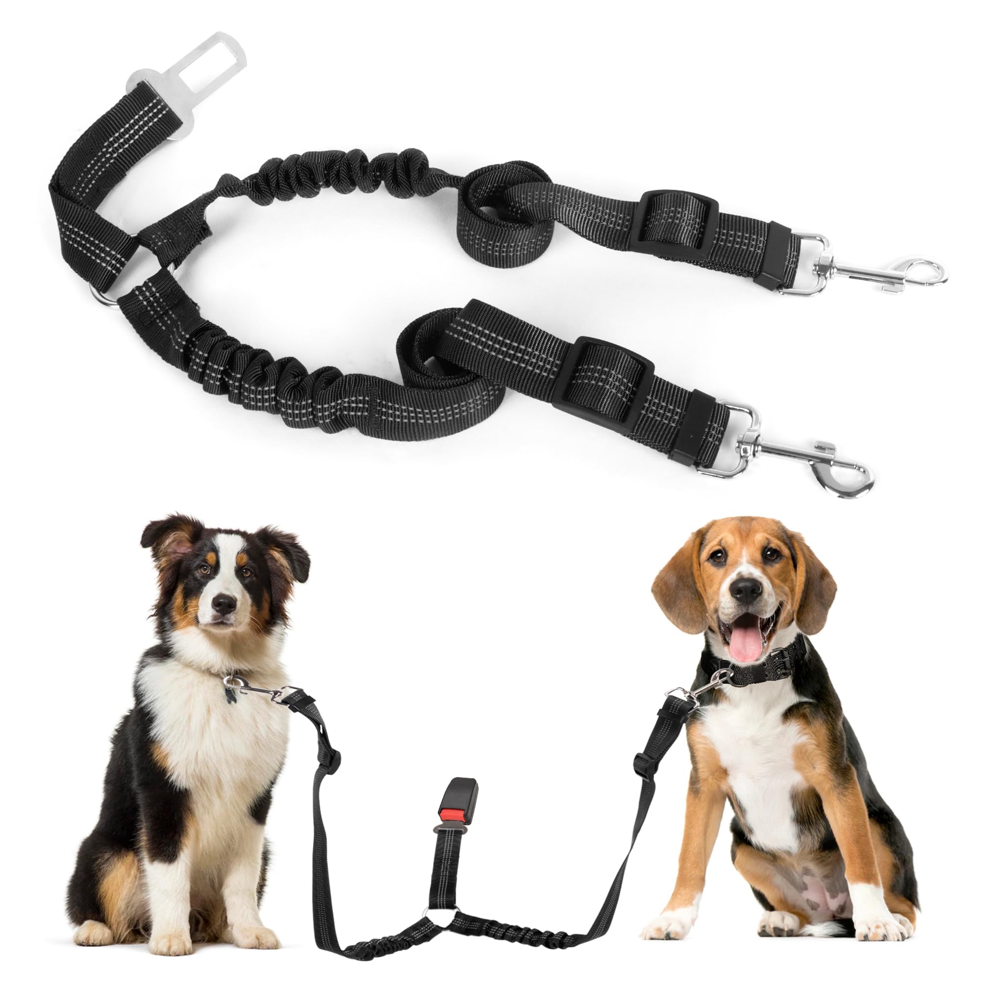 Cinturón de seguridad para perros para coche, cinturón de seguridad ajustable 52-75 cm, hebilla ajustable para viajes, cinturón de seguridad elástico para perros de doble cabeza para perros, gatos y