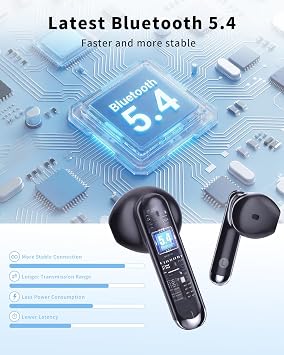 Wireless Earbuds, 2026 Bluetooth 5.4 Headphones Bass Stereo Ear Buds with Noise Cancelling Mic, LED Display in Ear Earphones 50H Playtime Ear Buds, IP7 Waterproof for Laptop Pad Phones, Pure Black