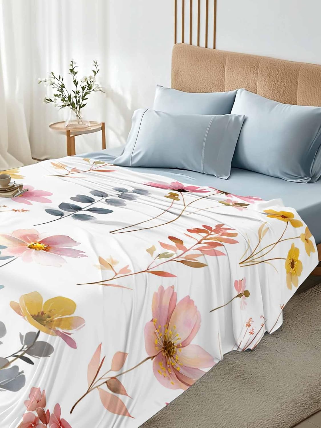 Top Sheet Full Bedding Flat Sheet Only, Pastoral Pink Yellow Floral Microfiber Bed Sheets Soft Breathable Bedding Flat Sheets, Watercolor Wild Flower Hotel Luxury Top Sheets