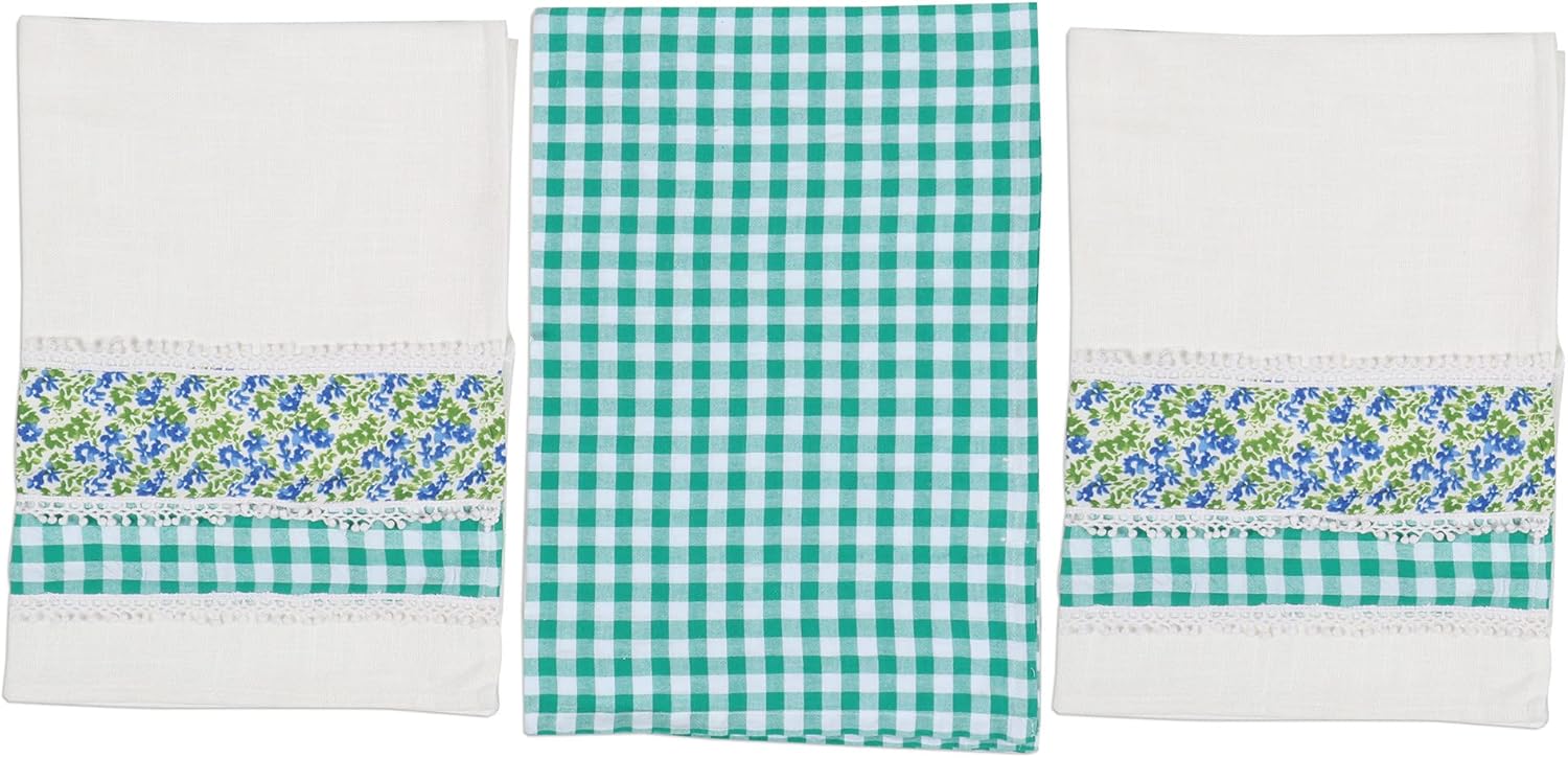 NOVICA Handmade Cotton Dish Towels Viridian Checkered with Laces White Green India Tableware Kitchen Accessories Dishtowels Printed Floral 'Viridian Spring'(Set of 3)