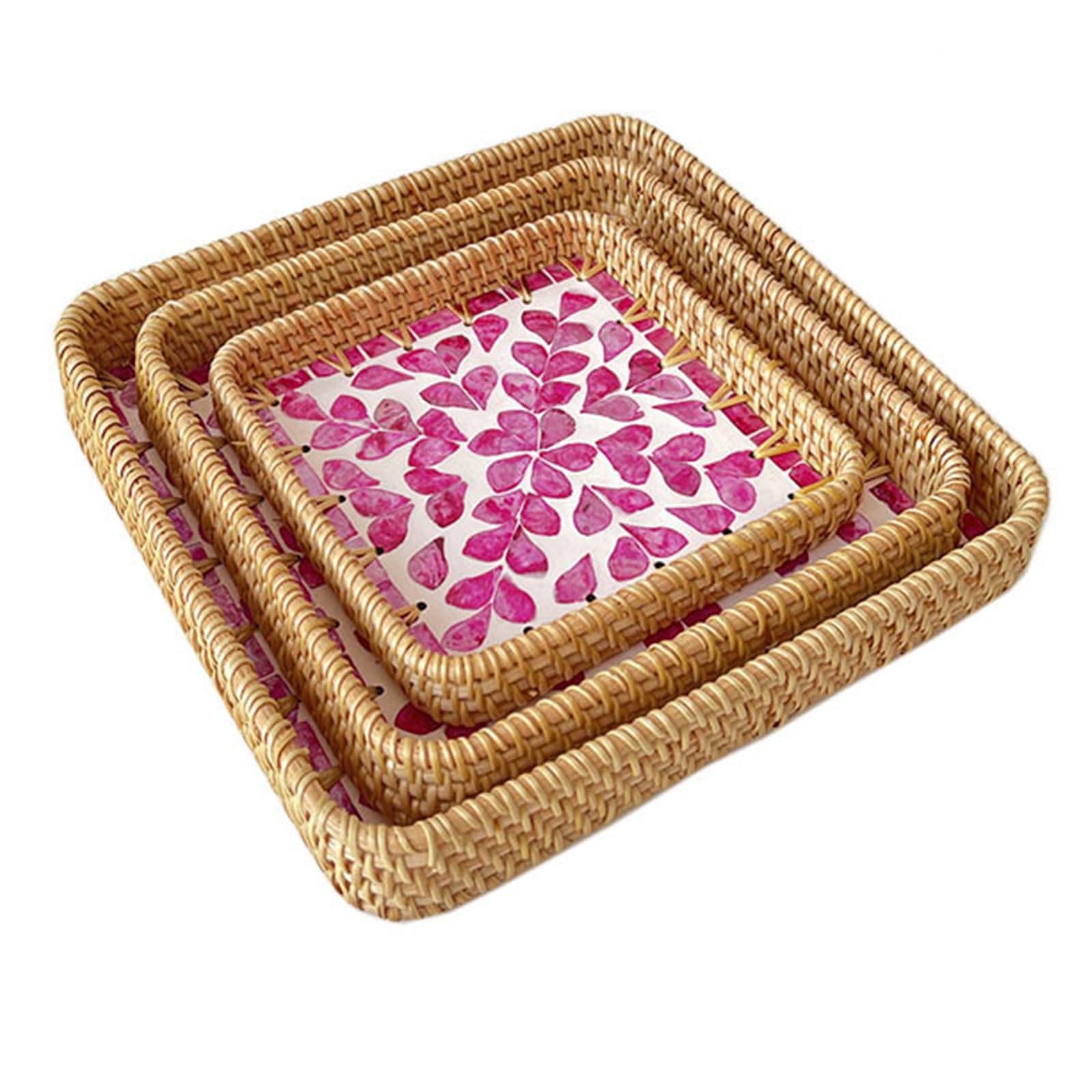 RUDHSJNJK 3 Pack Square Rattan Serving Tray with Mother of Pearl Inlay Decorative Wicker Tray for Coffee Bread Fruits Food Storage Display,5