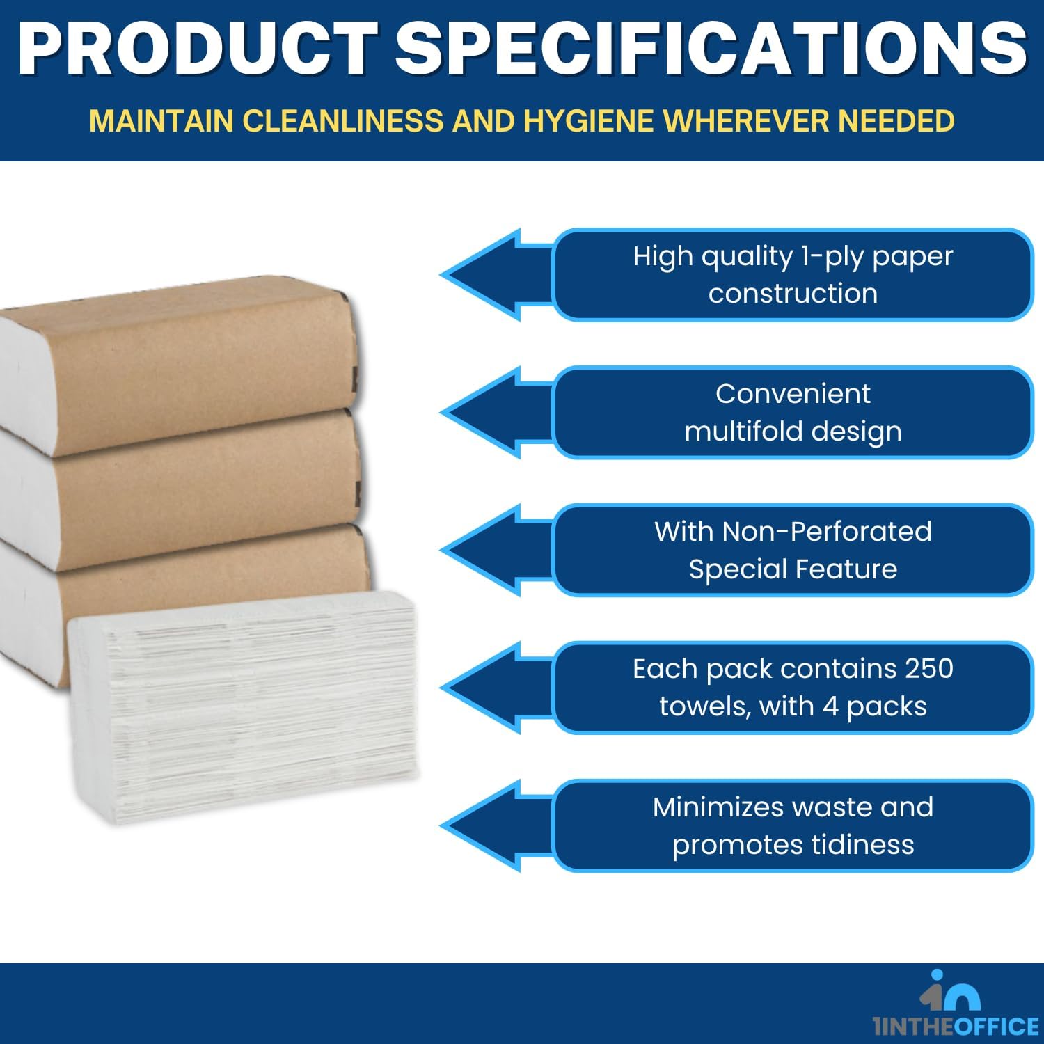 1InTheOffice Multifold Paper Towels, Paper Hand Towels for Bathroom, Folded Paper Towels, 1-Ply, 9" x 9.45", 250 Towels/Pack, 4 Pack