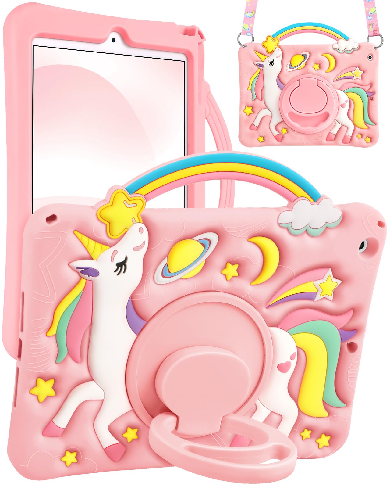 Boaretiu for iPad 9th/8th/7th Generation Case 10.2 Inch 2021/2020/2019 - Cute Cartoon Unicorn Soft 3D Silicone Case with Strap & Rotating Stand for