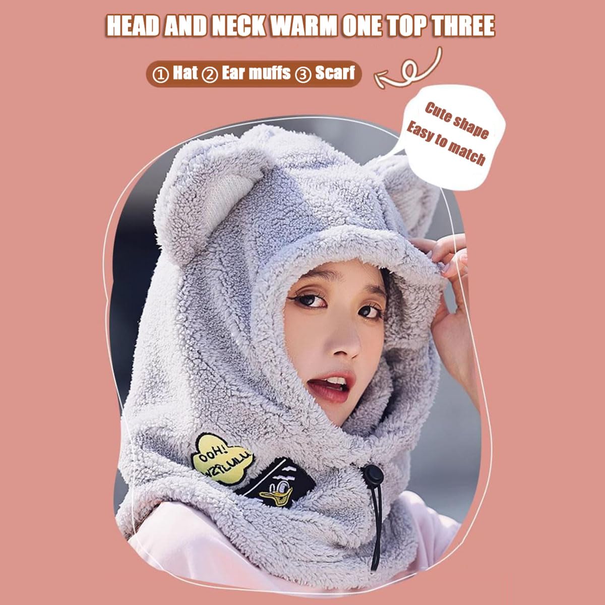 Cute Women Girl Winter Face Mask, Plush Cat Ears Warm Balaclava Hood, Outdoor Cold Weather Scarf Hat Helmet Covers-M
