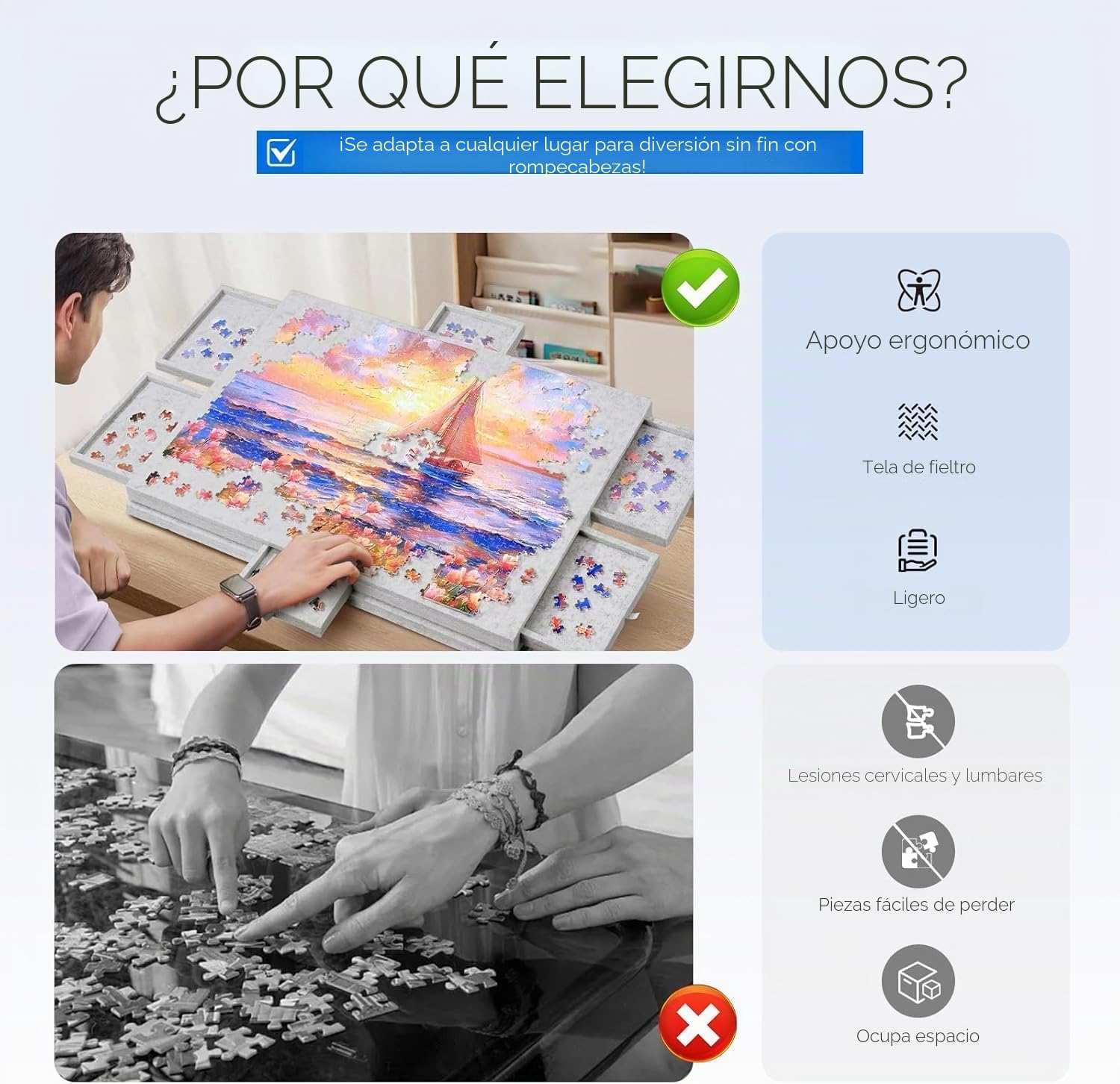 Tablero para Puzzle Inclinable de 1000 Piezas con 6 Cajones y Cubierta Coloridos - Tablero para Puzzle de Fieltro Ligera y Portátil