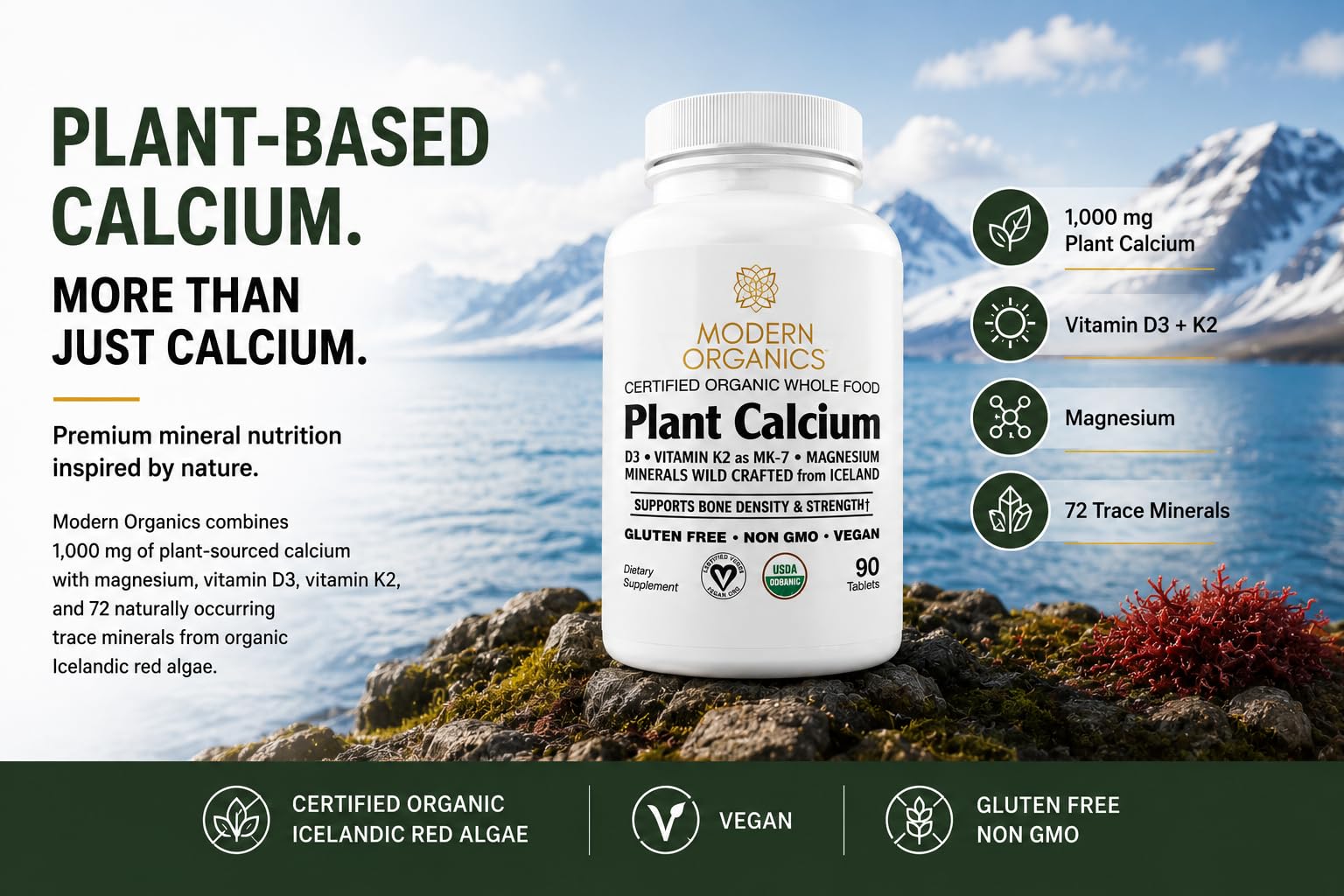 Plant Calcium | 1000mg Certified Organic Whole Food Calcium from Organic Icelandic Red Algae with Vitamin D3, Vitamin K2 and Magnesium | 72 Trace Minerals | 90 Vegan Tablets — Amazon image 5