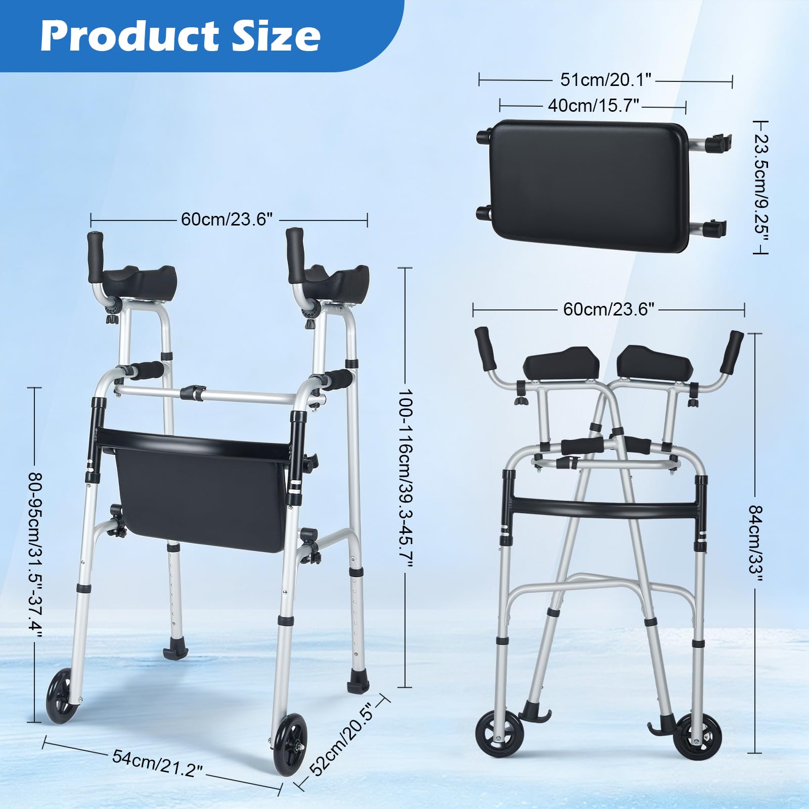 Andador plegable con asiento de poliuretano desmontable, 8 niveles de ajuste de altura y 3 niveles de longitud de reposabrazos, ruedas dobles todoterreno, gran capacidad de carga, marco de aluminio