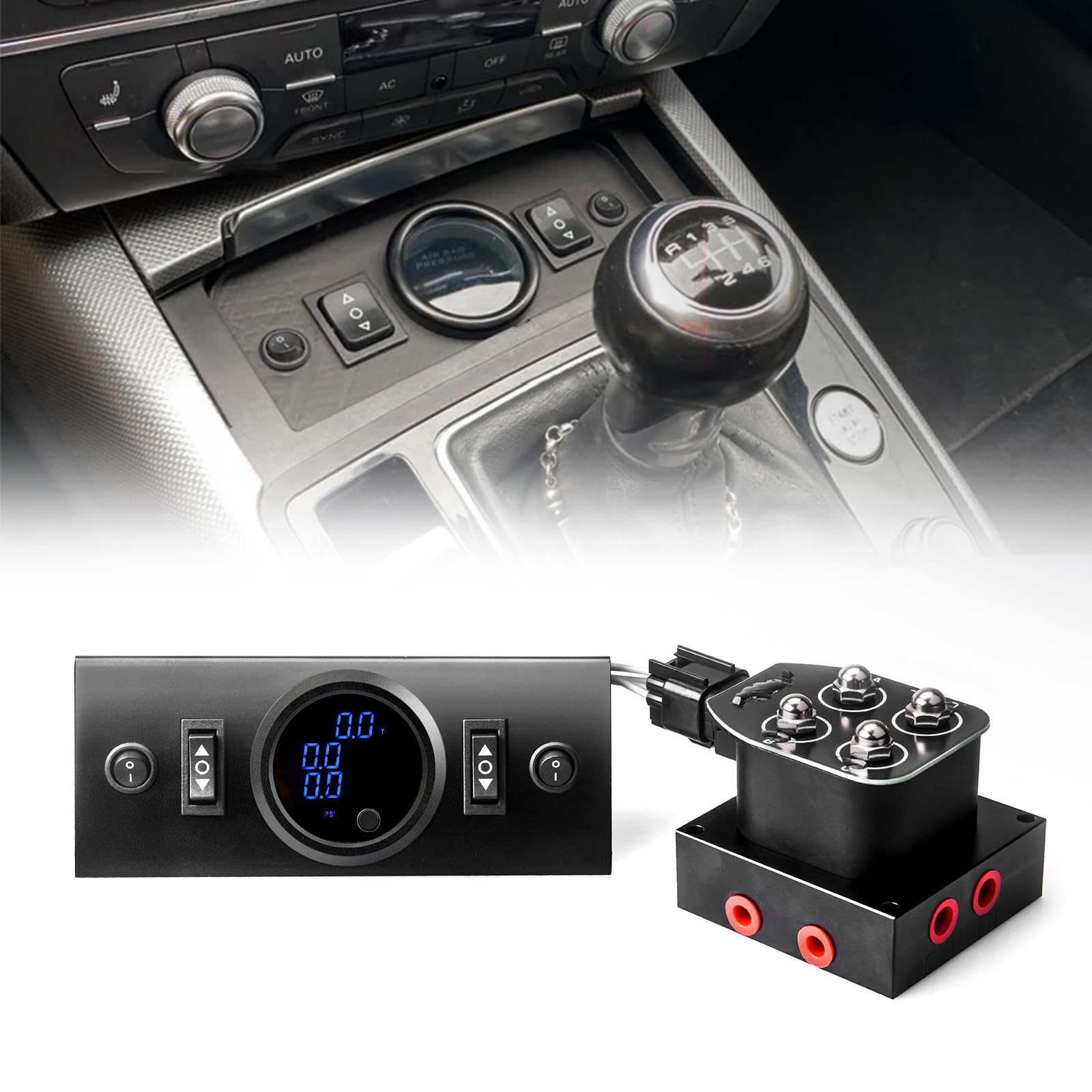 New Upgrade 12V Solenoid 4-Valve Air Ride Suspension manifold valve with Simplify Control Panel Ship Type Switch, equipped with three display air pressure gauge blue