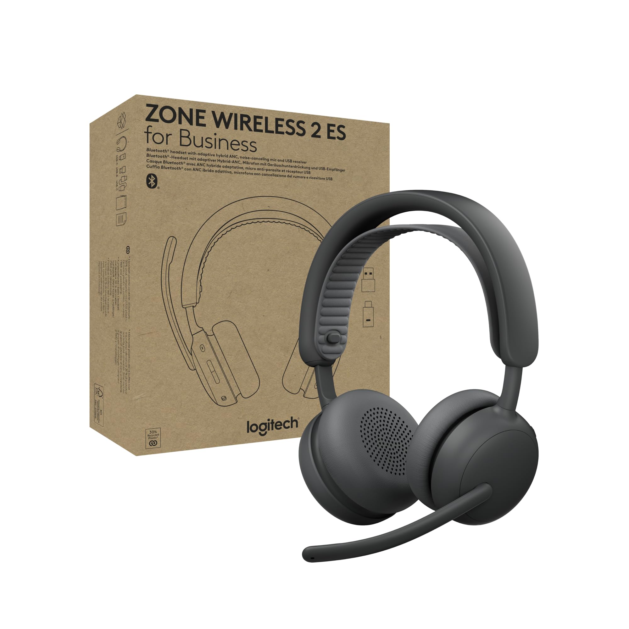 Logitech Zone Wireless 2 ES for Business - Noise-Canceling Wireless Headset with Adaptive Hybrid ANC, Bluetooth, USB-C & USB-A, Zoom & Google Certified - Graphite