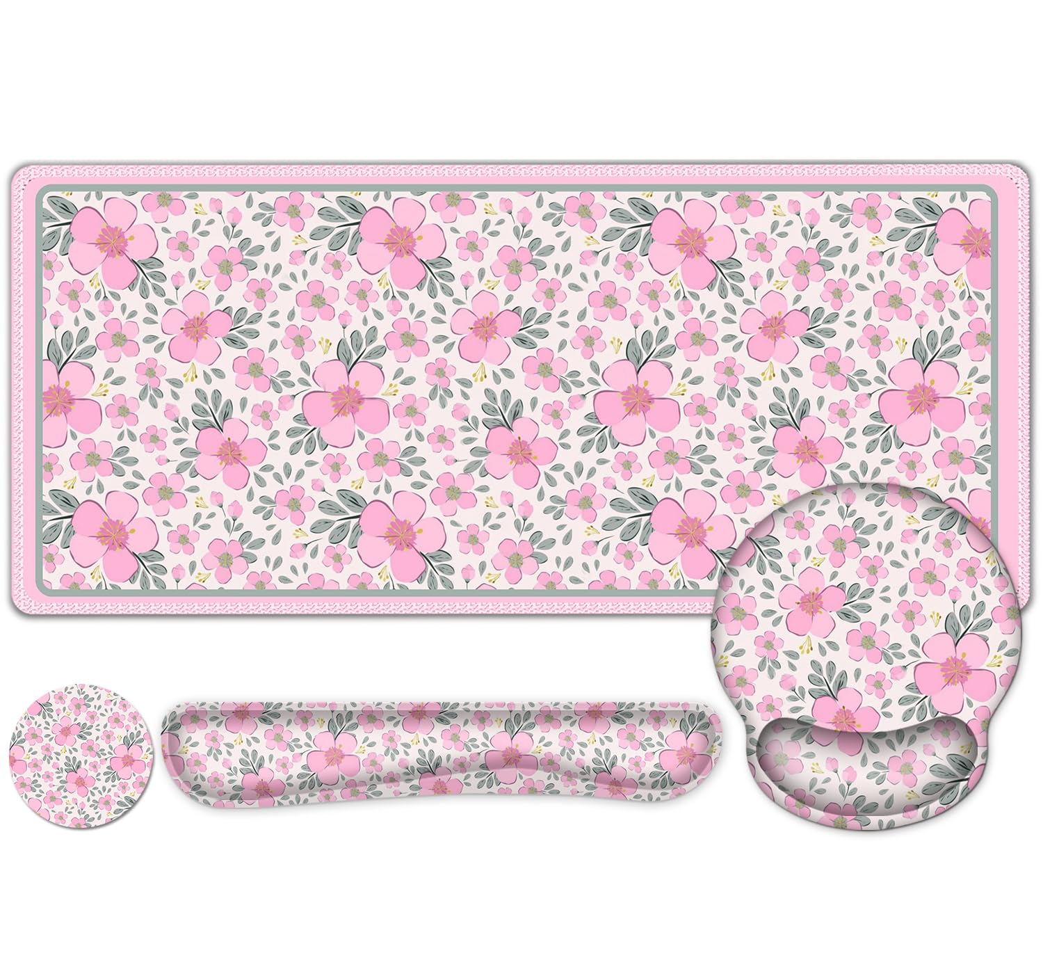 Floral Desk Mat, 4in1 Large Mouse Pad with Wrist Rest, Cute Desk Matt for Desktop, Deskpad Mat, Anti-Slip XXL Computer Ergonomic Mousepad with Wrist