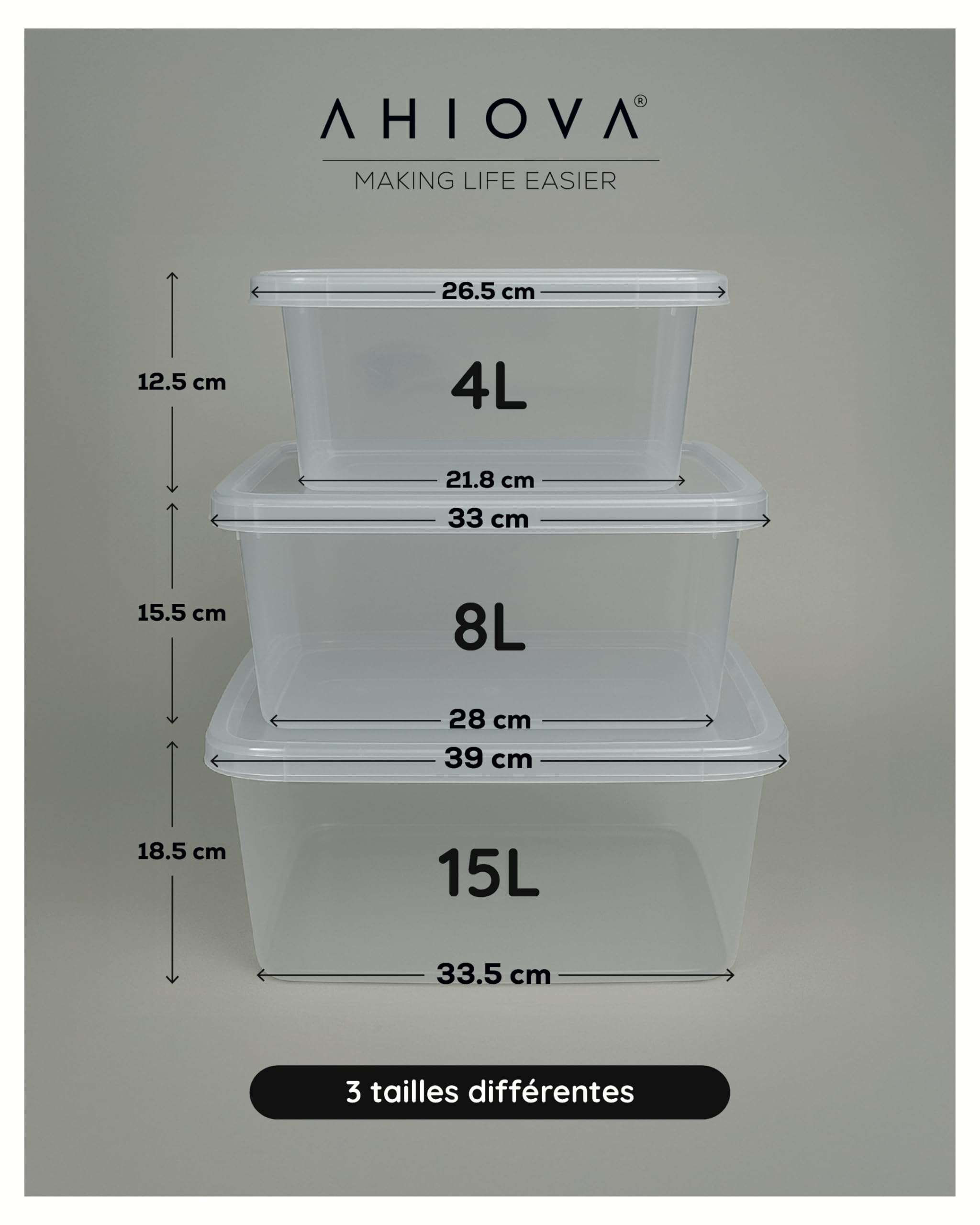 Boites Rangement Plastique 8L avec Couvercle Lot 5 Empilables 100% Transparentes Clic Pression 33x24x15,5cm Salle Bain Garage Bureau Maison Sans BPA