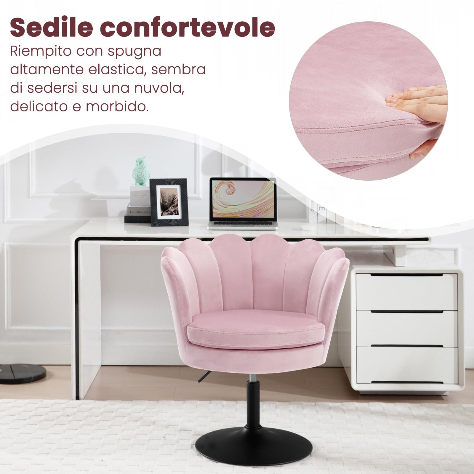 WOLTU Sedia da Trucco, Sgabello Cucina, Poltrona con Seduta a Forma di Fiore, Girevole a 360°, Sedia in Velluto per Camera da Letto, Soggiorno, Altezza Regolabile 43-55 cm, Rosa