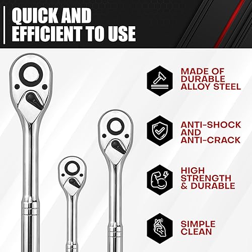 Miniatura 3 de C&T Juego de llaves de trinquete de liberación rápida de 3 piezas, juego de trinquete de accionamiento, 14", 38", 12" 72-diente, acero de aleación,