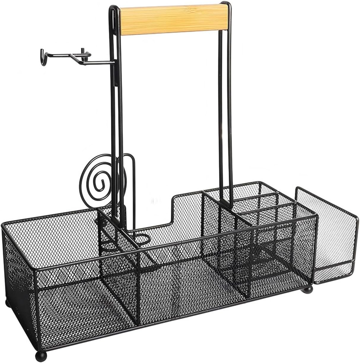 Outdoor Cooking Tray with Wooden Handles, Camping Storage Rack with 6 Compartments 2 Hooks Paper Holder, Ventilated Metal Backyard Serving Caddy for Grilling Picnic Patio