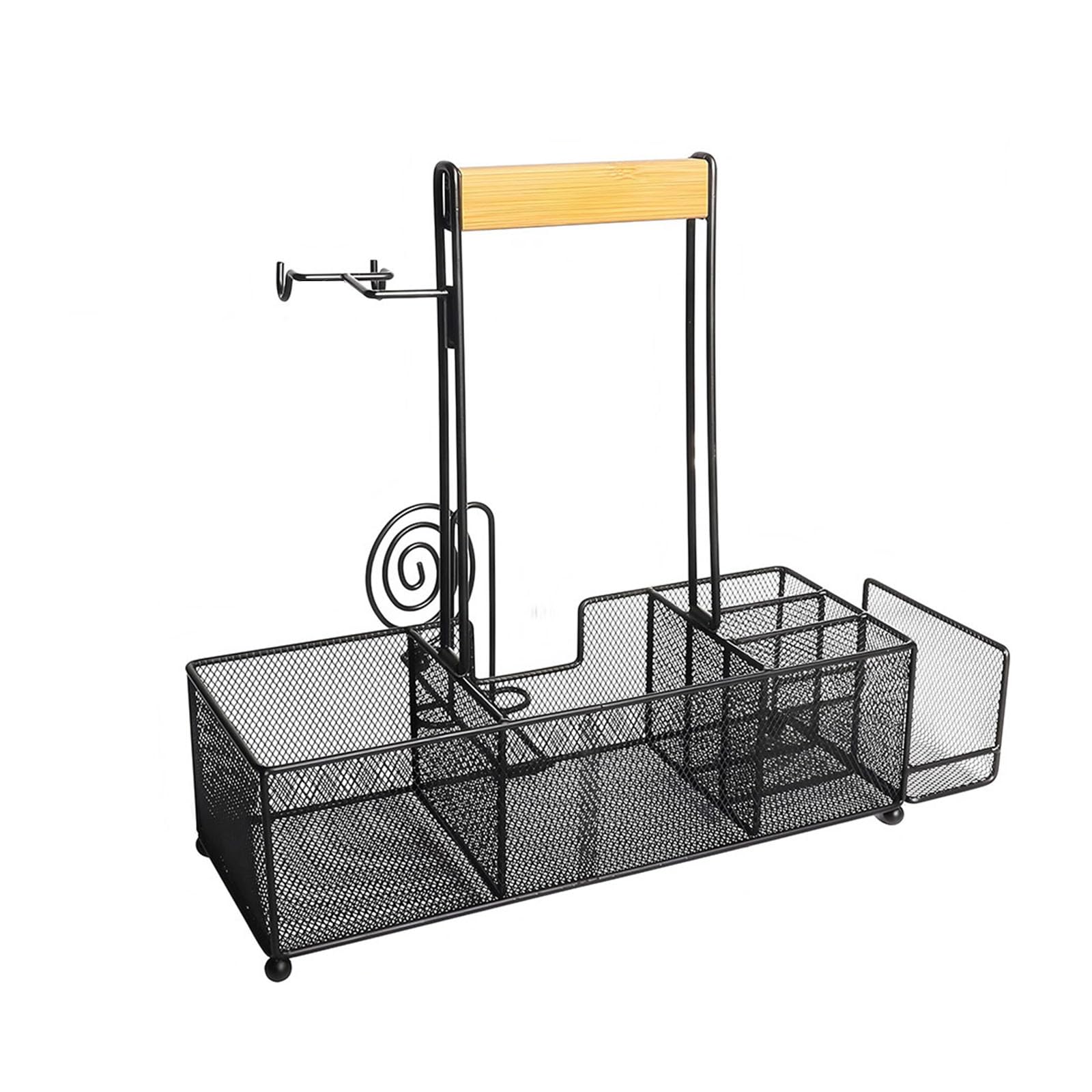CAZSTYK Permanent Metal and Wooden Handle Kitchen Storage Rack for Open Air Cooking Utensils and Condiments Net Sidewall Basket