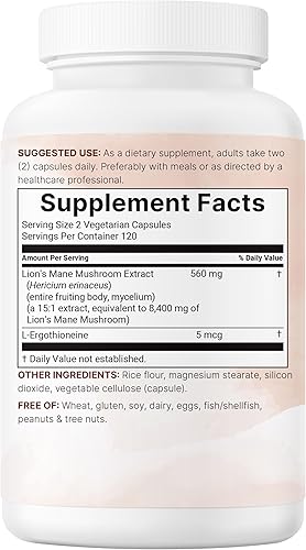 Miniatura 6 de Micro Ingredients Cápsulas de suplemento de melena de leones, 240 cápsulas vegetales con L-ergotioneína, suministro para 4 meses  Apoyo para la