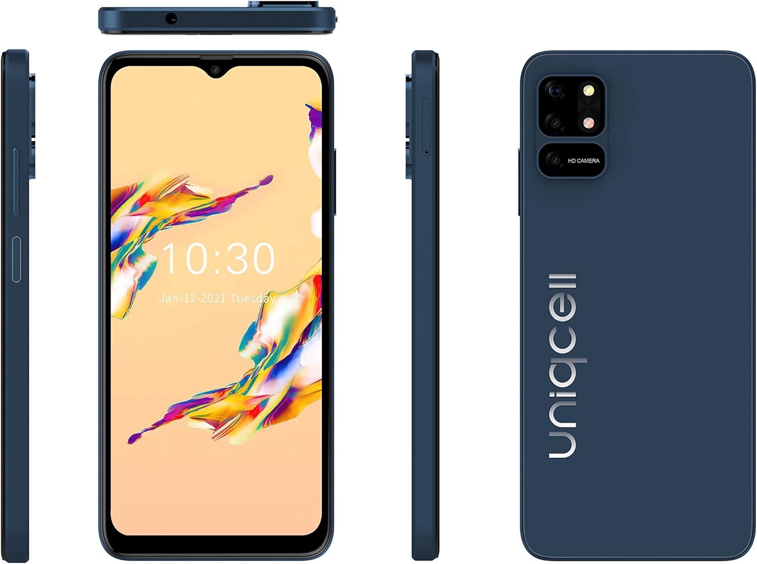 Uniqcell UNI X Cell Phone, multiple views showing sides and back