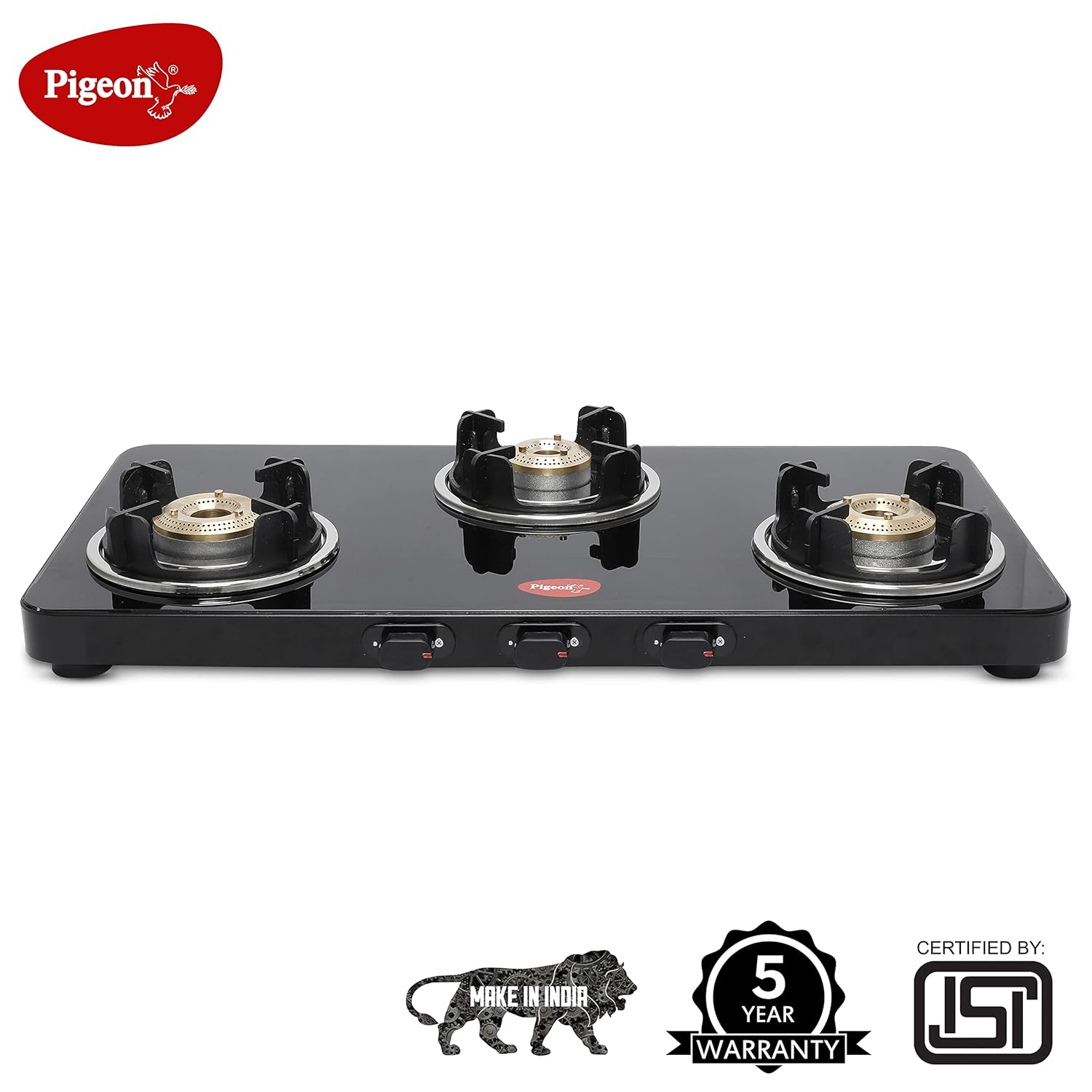 Pigeon Sleek 3 Burner Ultra Slim Gas Stove with Glass Top Manual ignition