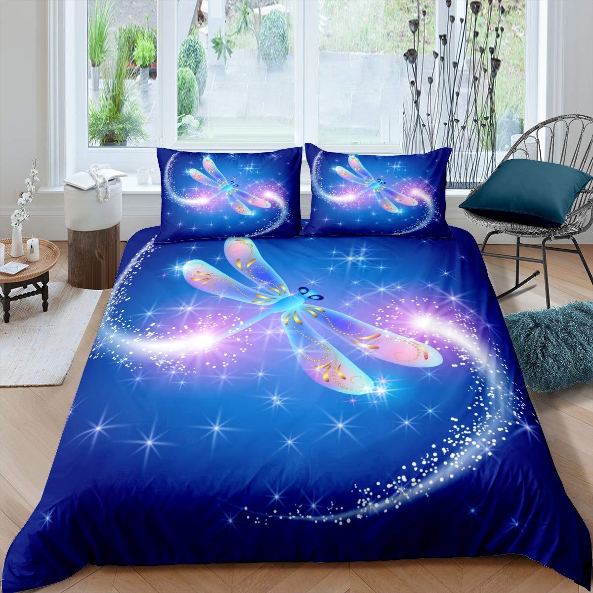 Loussiesd Girls Dragonfly Bedding Set for Kids Daughter Blue Galaxy Comforter Cover Chic Ornamental Dragonfly Duvet Cover Room Decor Colorful Glitter Bedspread Cover King Size Bedding Collection — image 1