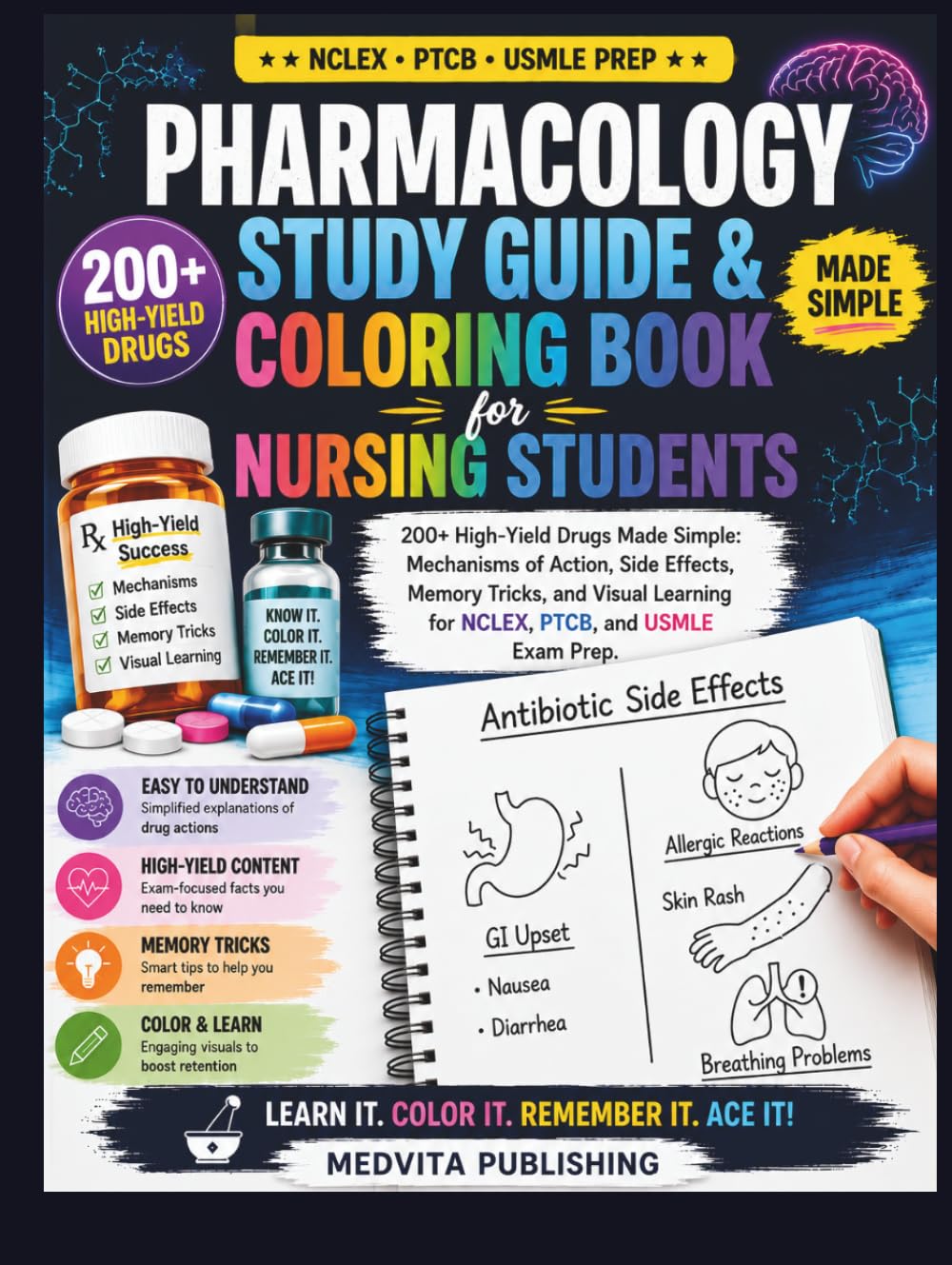 Pharmacology Study Guide & Coloring Book for Nursing Students: 200+ High-Yield Drugs Made Simple: Mechanisms of Action, Side Effects, Memory Tricks, ... Learning for NCLEX, PTCB, and USMLE Exam Prep