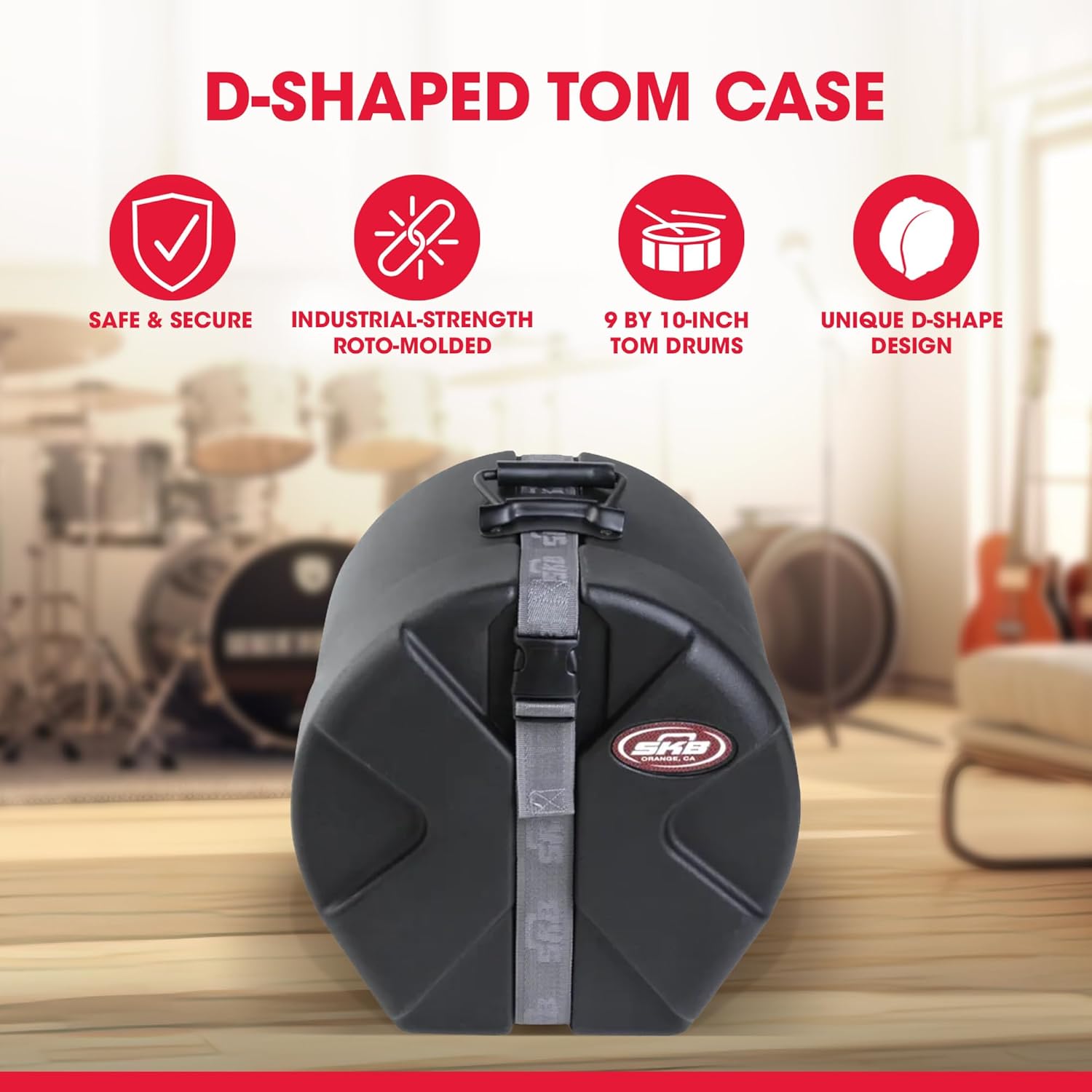 SKB 9" x 10" Tom Case with Padded Interior, D-Shaped Drum Design, and Molded in Feet for Upright Positioning and Stability, Black