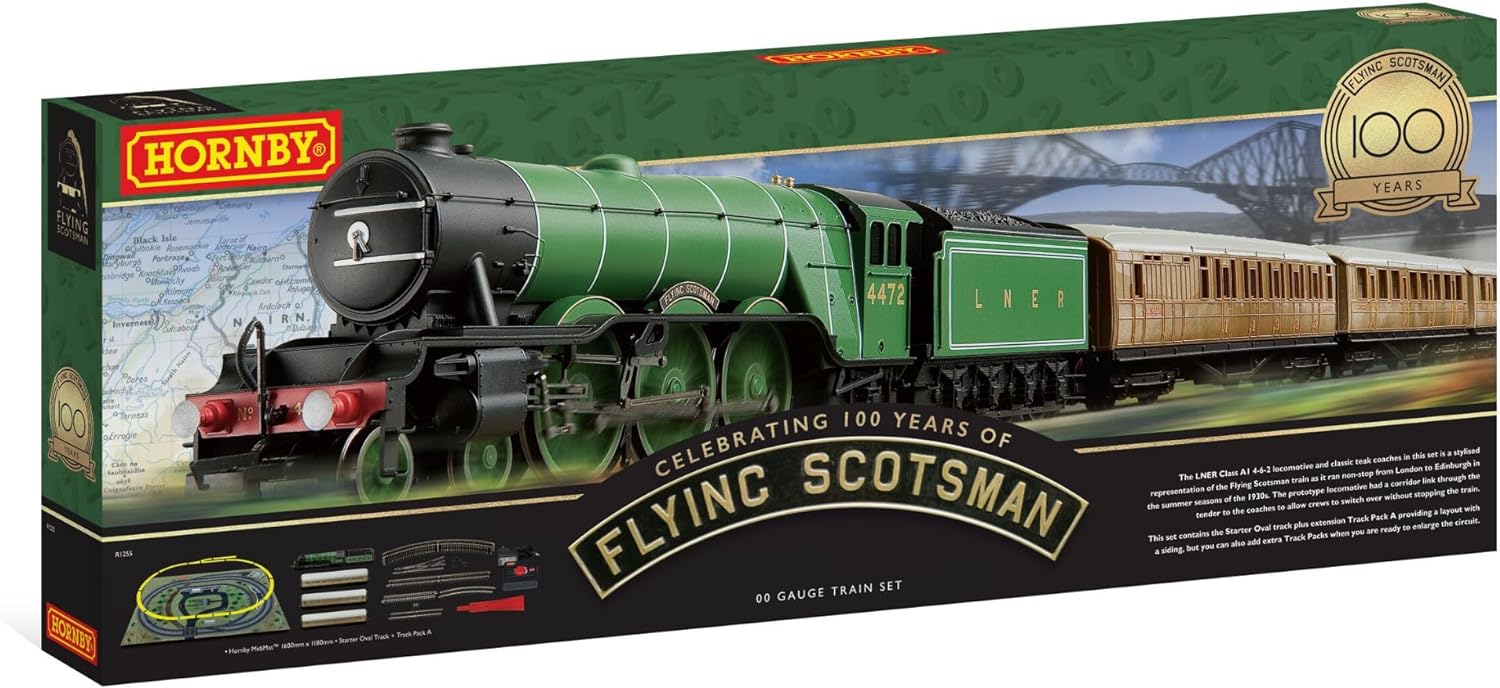 Hornby Electric Train Set - R1255M The Flying Scotsman A1Class - OO Gauge Train Starter Sets, Adult Vintage Trains, Small Hobby Model for Adults - with Tracks, MidiMat, Connecting Track, Controller