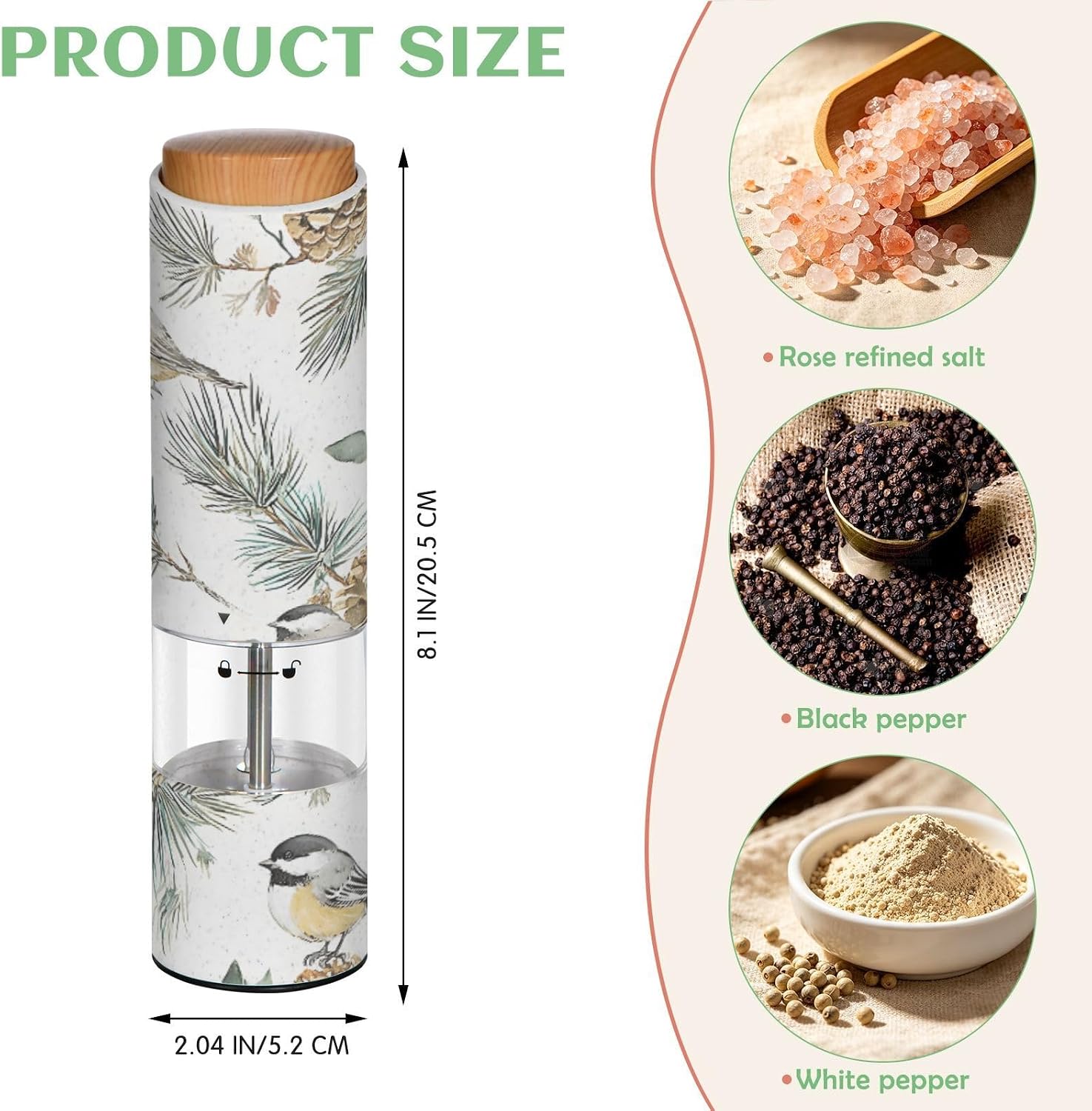 ALAZA Electric Pepper Grinder with Adjustable Coarseness, Pinecone Bird Pattern Battery Automatic Salt and Pepper Mill with Led, One-Handed Operation Spice Grinder for Kitchen, Camping & BBQ