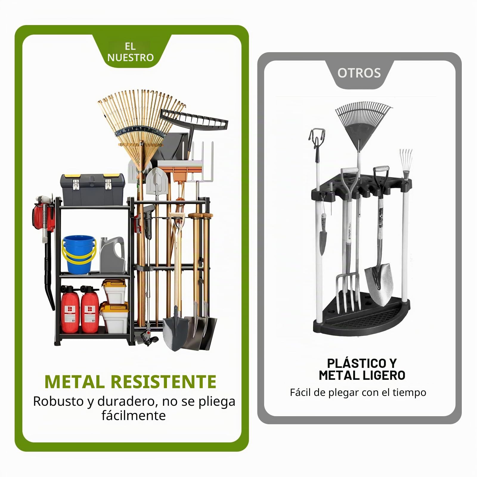 Estante móvil de almacenamiento de herramientas de jardín, estantes de metal de 3 niveles, soporte de almacenamiento de garaje, estante de fregona comercial, sostiene herramientas, palas, rastrillos