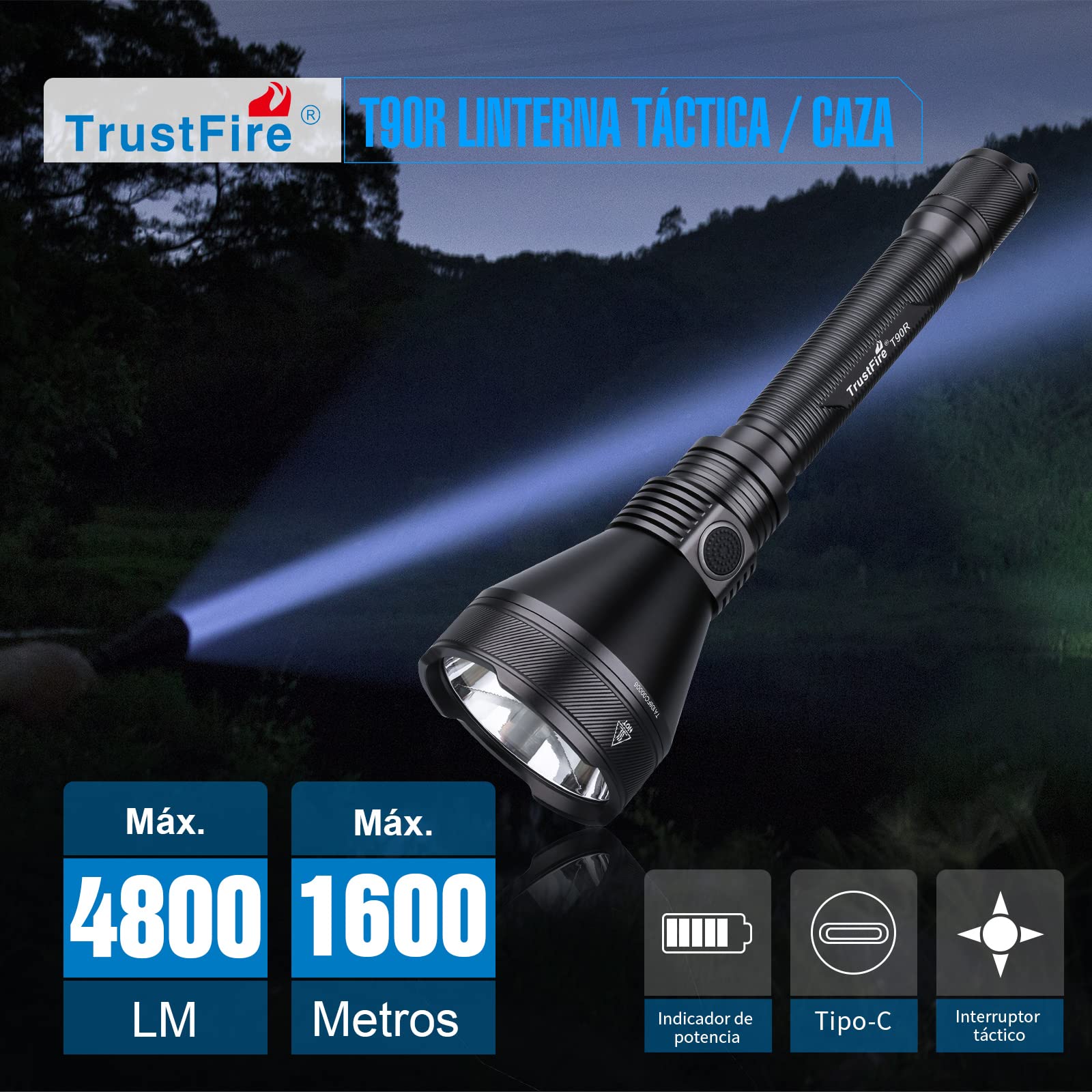 TrustFire T90R Kit Linterna Caza LED Alta Potencia 4800 Lúmenes, Linterna Táctica Recargable de Largo Alcance 1600 metros Super Brillante Impermeable para Caza Búsqueda y Rescate