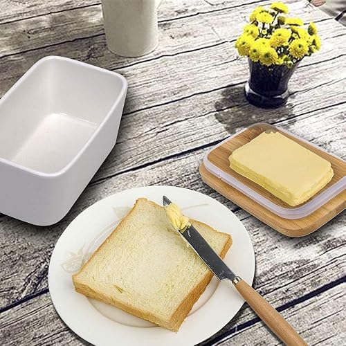 Miniatura 3 de Mantequillera con tapa, grande de porcelana de 22.0 fl oz con tapa de bambú para 2 barras de mantequilla, apto para microondas, contenedor de