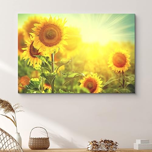 Miniatura 2 de SIGNFORD Lienzo impreso para pared, girasoles con rayos de luz, plantas florales, fotografía, realismo, contemporáneo, escénico, colorido,