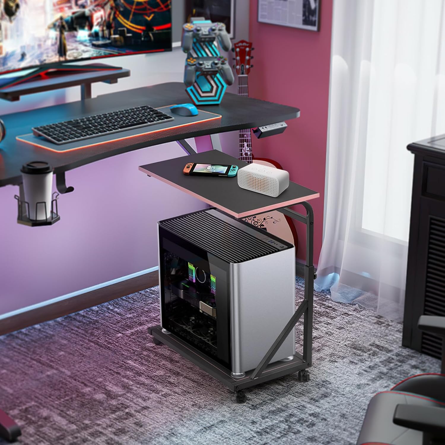 Ergonomic Height Adjustable Computer Tower Stand, 2-Tier CPU Holder Cart Under Desk, PC Floor Stand for Office Gaming Room, Black and Pink