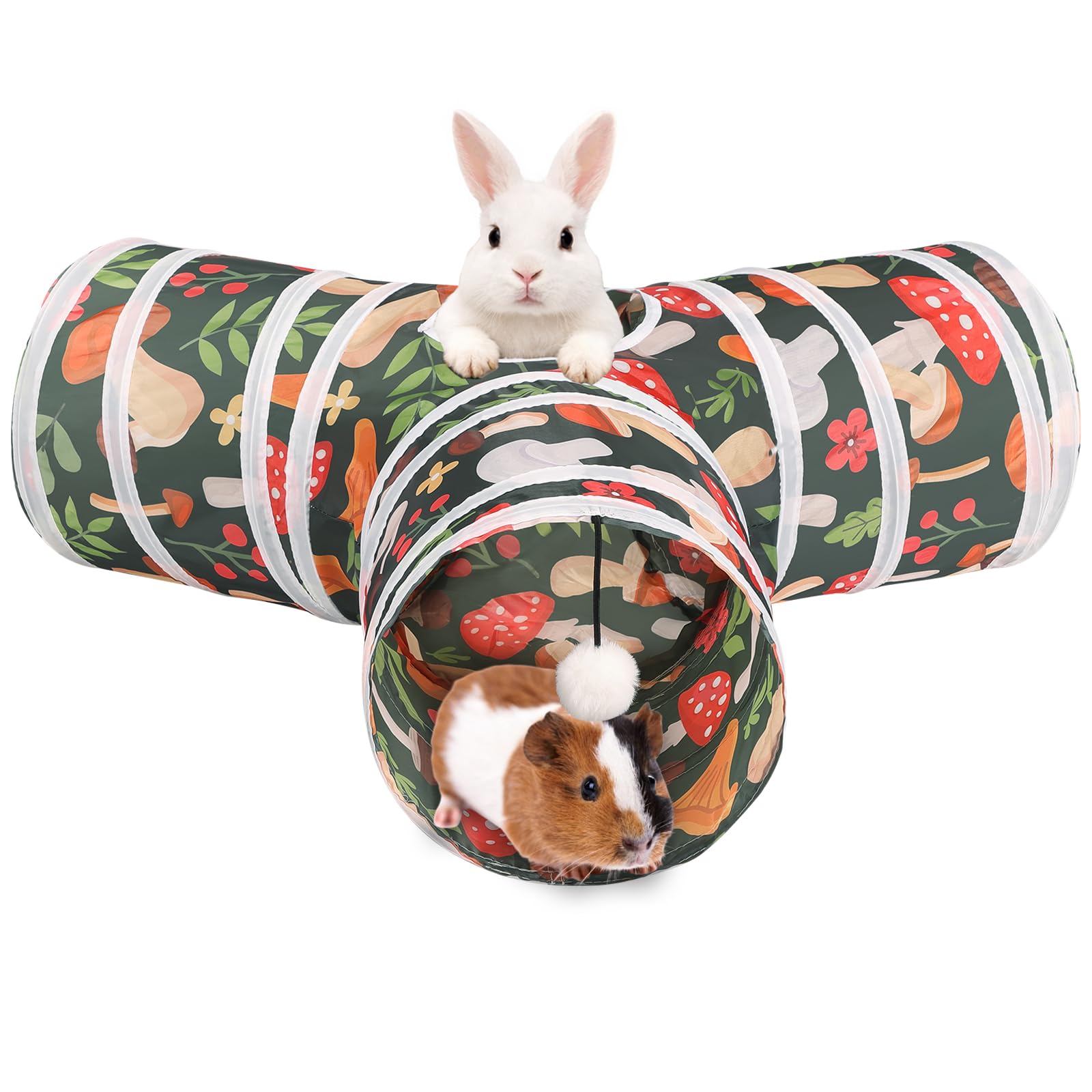 HERCOCCI Rabbit Toys, Bunny Tunnel & Tube, Collapsible 3 Way Rabbit Hideout Tunnel with Chew Toy for Bunny Guinea Pig Ferret Kitten