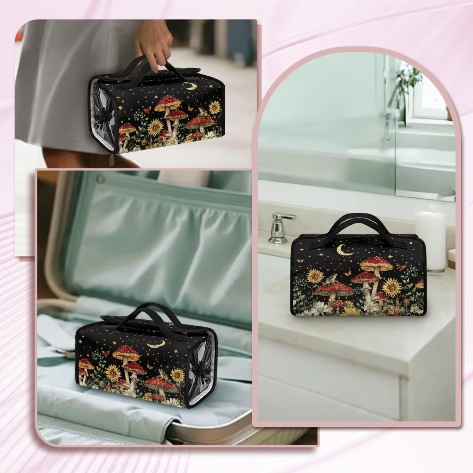 Dngkaoje Mushroom Hanging Roll Up Makeup Bags for Women Cute Toiletry Travel Bag Hanging Cosmetic Bag Wash Bag Large Capacity Toiletry Bags Mushroom Print Cosmetic Bags 4-in-1 Foldable Makeup Bag - Image 2