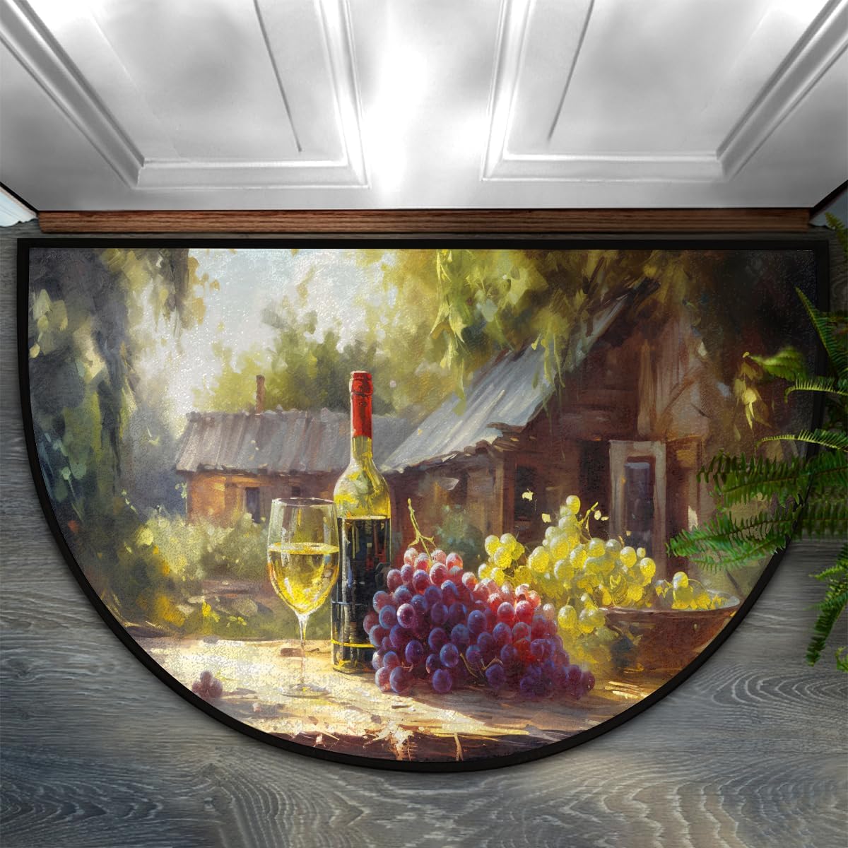 Half Round Door Mat Oil Painting Wine Modern Half Moon Rug Washable Half Circle Area Rugs Indoor Entrance Non Slip Semi Circle Bathroom Rugs Floor Carpet for Kithen Bedroom Fireplace Decor