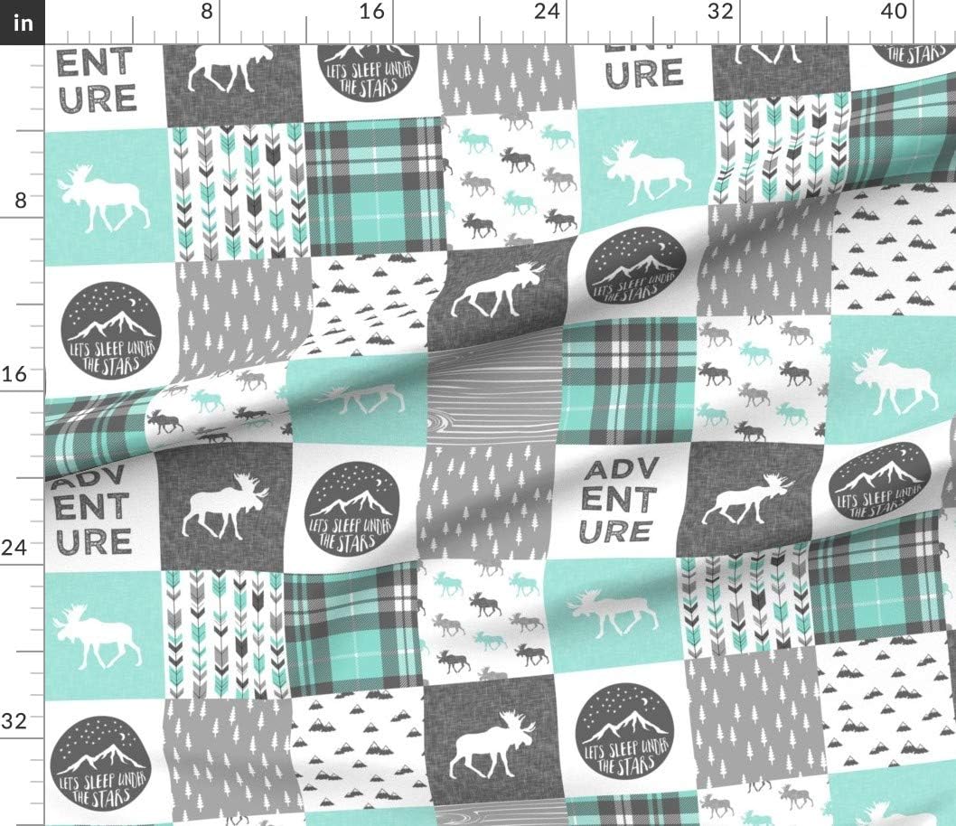 Spoonflower Fabric - Adventure Moose Woodland Patchwork Plaid Light Teal Quilt Top Elk Printed on Cotton Poplin Fabric by The Yard - Sewing Shirting Quilting Dresses Apparel Crafts
